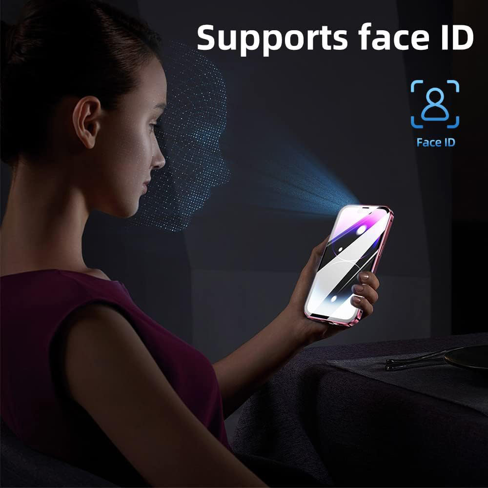 for iPhone 15 Pro Max Case Magnetic Closure Metal Frame + Double-sided Tempered Glass Clear Phone Cover - Red