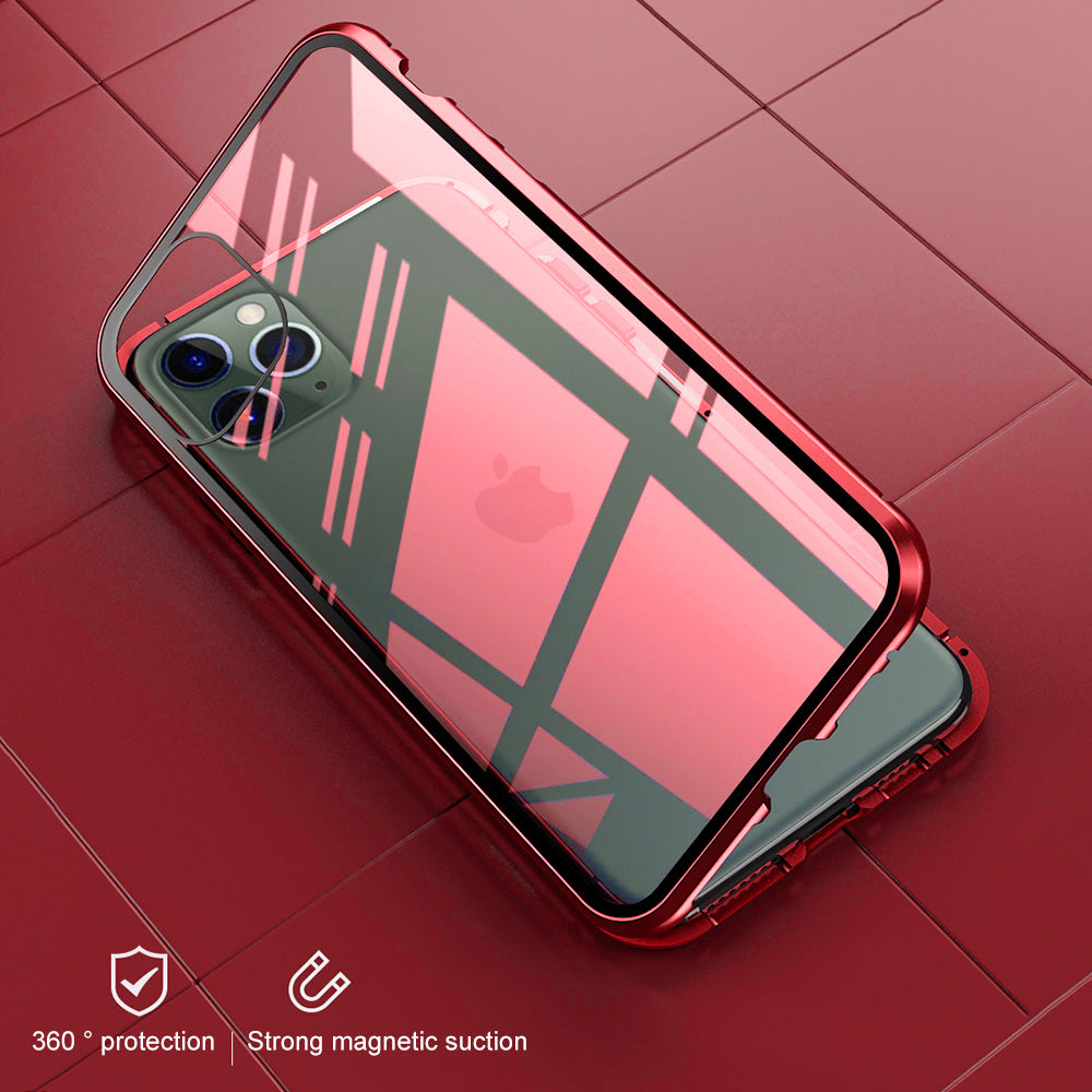 for iPhone 15 Pro Max Case Magnetic Closure Metal Frame + Double-sided Tempered Glass Clear Phone Cover - Red