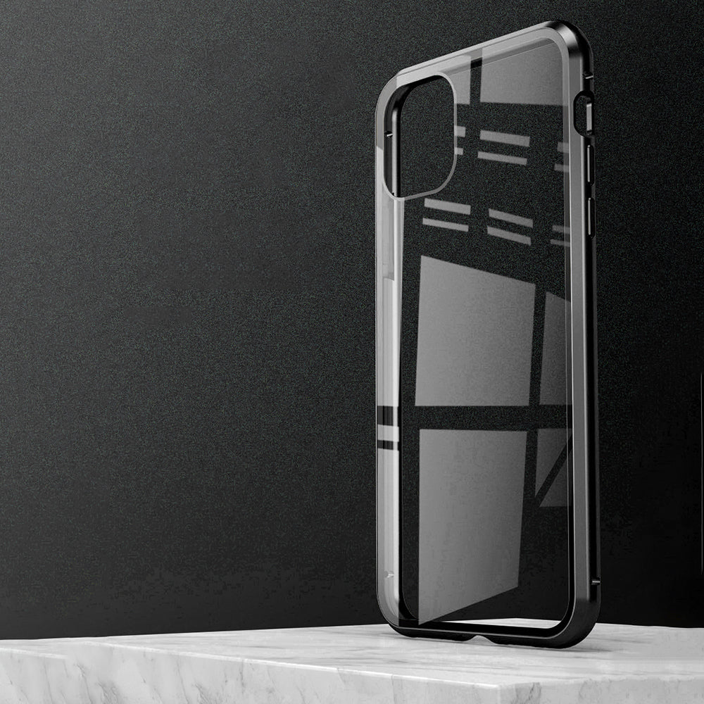 for iPhone 15 Pro Max Case Magnetic Closure Metal Frame + Double-sided Tempered Glass Clear Phone Cover - Red