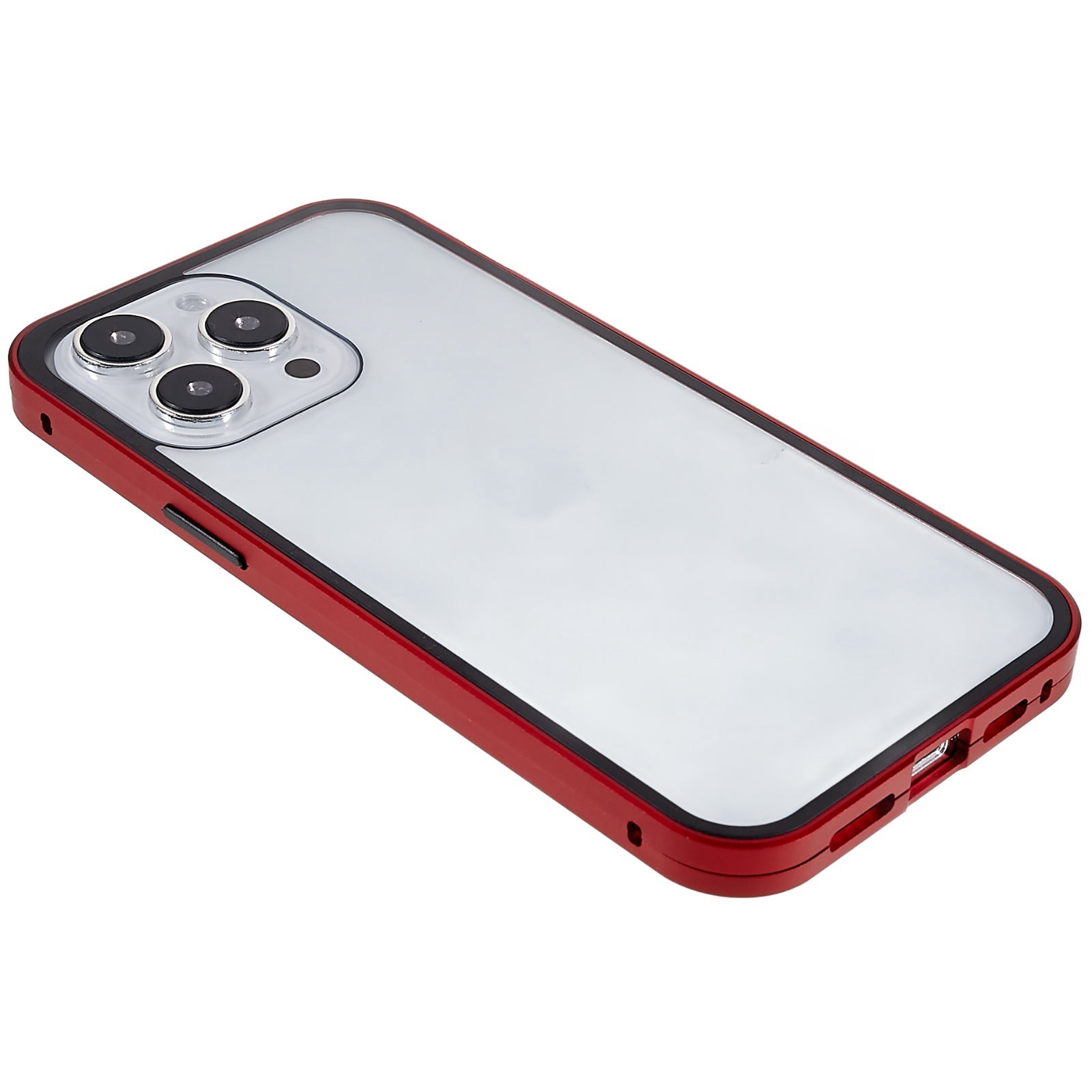 for iPhone 15 Pro Max Case Magnetic Closure Metal Frame + Double-sided Tempered Glass Clear Phone Cover - Red