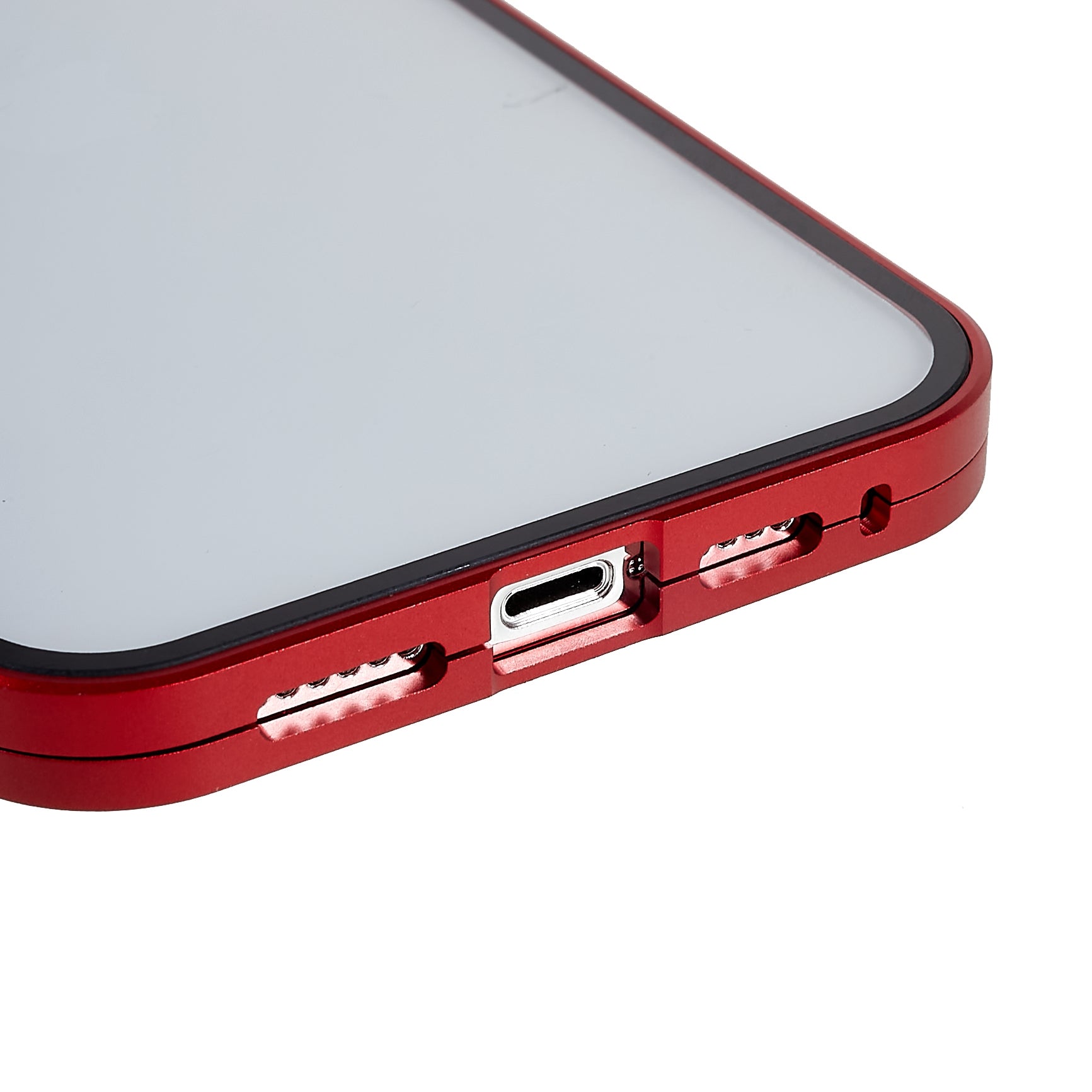 for iPhone 15 Pro Max Case Magnetic Closure Metal Frame + Double-sided Tempered Glass Clear Phone Cover - Red