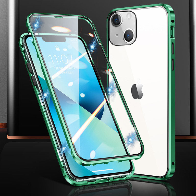 Phone Case for iPhone 15 Plus Magnetic Adsorption Metal Frame + Double-sided Tempered Glass Clear Phone Cover - Green