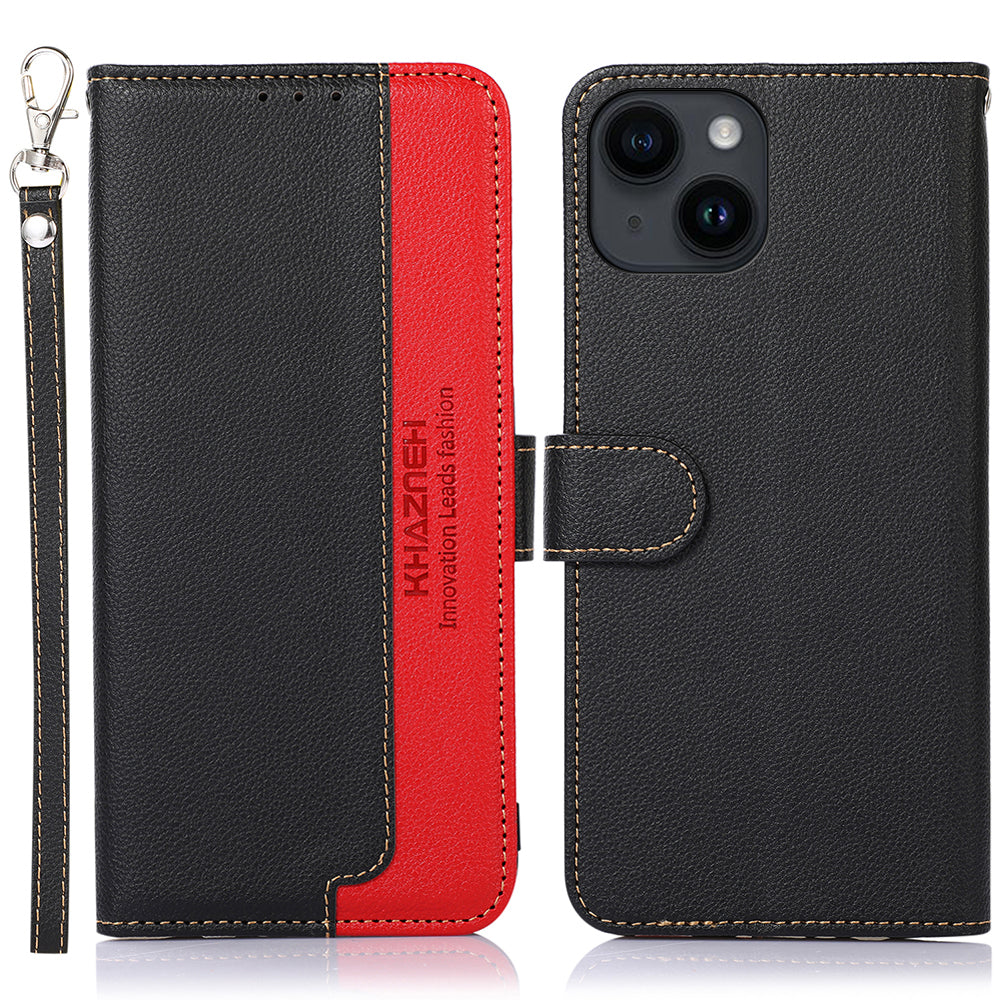 Uniqkart Mobile Phone Case for iPhone 14 RFID Blocking Litchi Texture Stand Leather Shell Wallet Phone Cover - Black