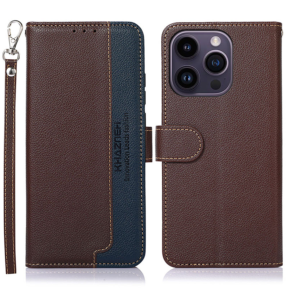 Uniqkart Slim-Fit Leather Case for iPhone 14 Pro RFID Blocking Litchi Texture Wallet Phone Stand Cover - Brown