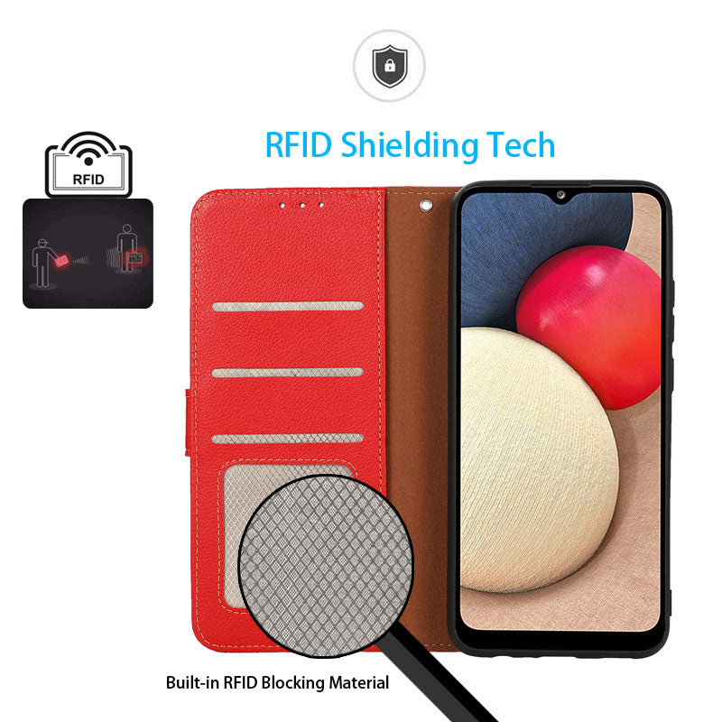 KHAZNEH Shockproof Leather Case for iPhone 15 Plus , Stand Wallet Phone Cover RFID Blocking Litchi Texture Shell - Red