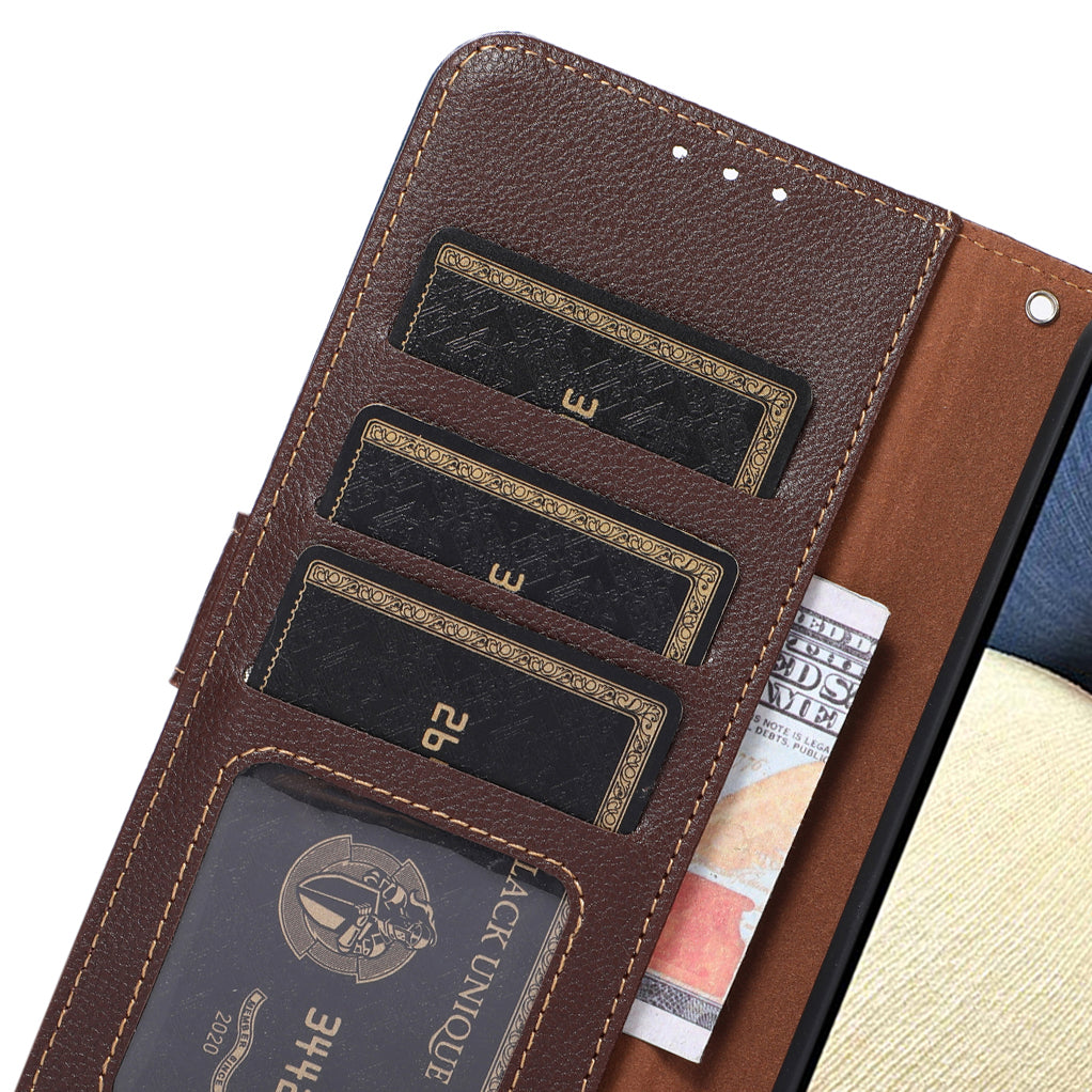 Uniqkart For iPhone 15 Pro Anti-Scratch RFID Blocking Leather Case Stand Wallet Litchi Texture Phone Cover - Brown