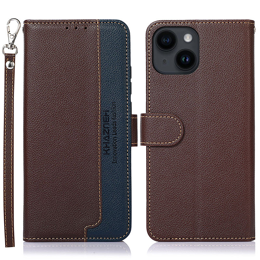 Uniqkart For iPhone 15 RFID Blocking Litchi Texture Leather Case Stand Wallet Phone Cover - Brown