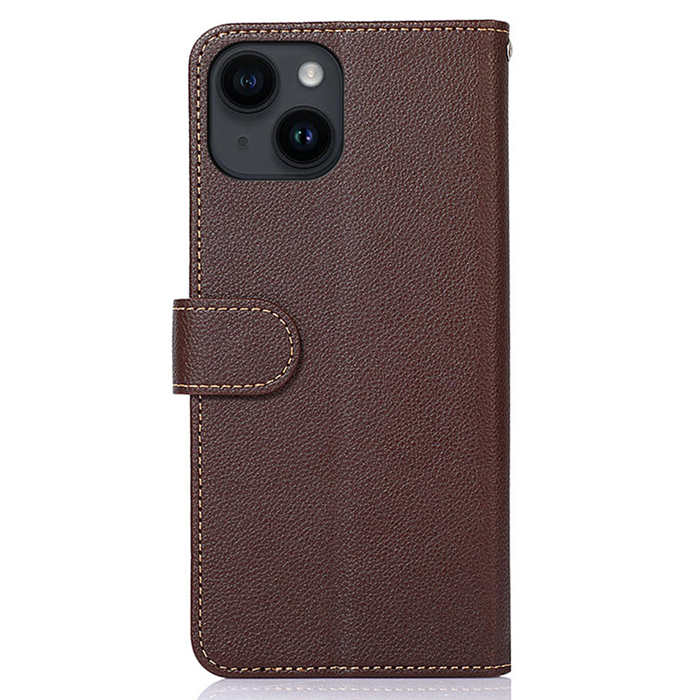 Uniqkart For iPhone 15 RFID Blocking Litchi Texture Leather Case Stand Wallet Phone Cover - Brown