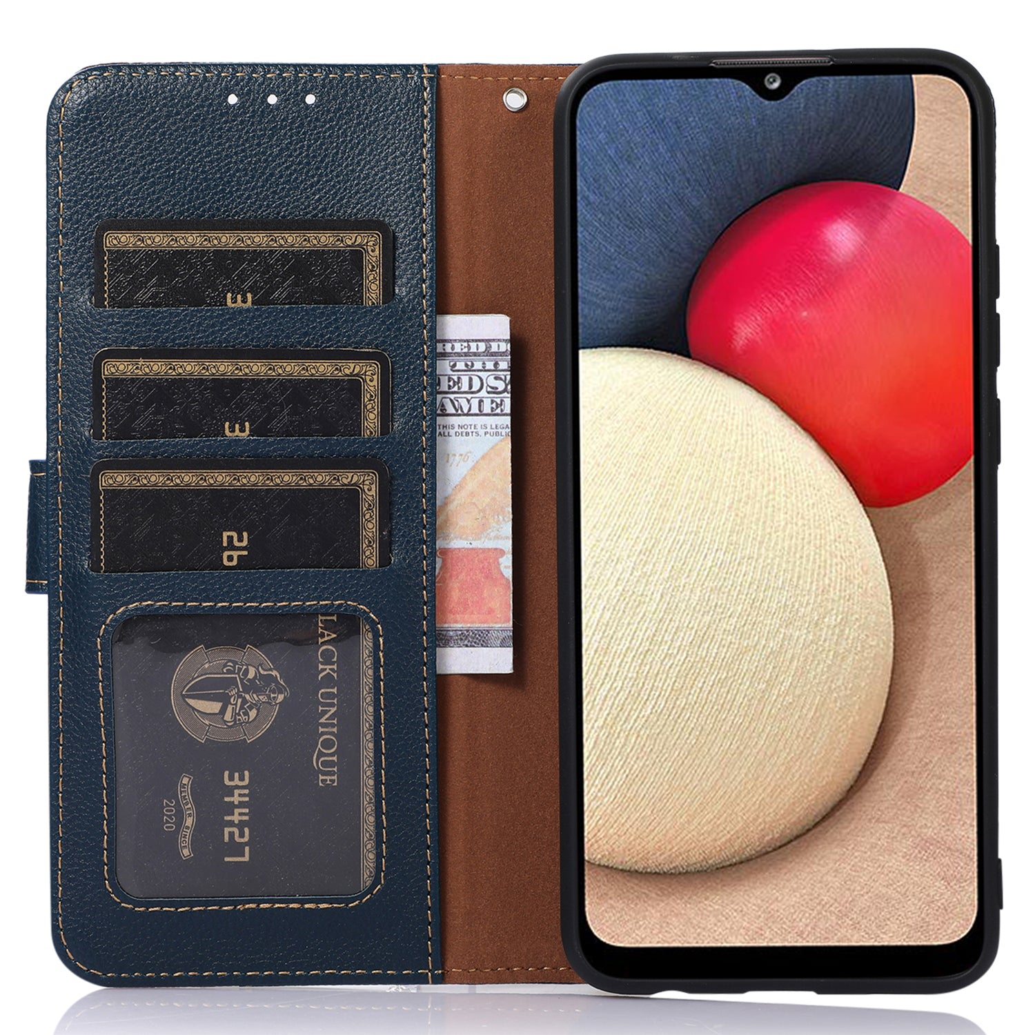 Uniqkart For iPhone 15 RFID Blocking Litchi Texture Leather Case Stand Wallet Phone Cover - Blue