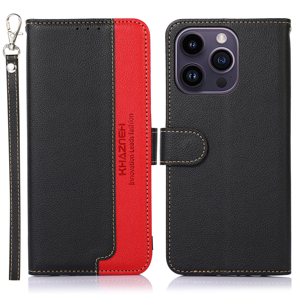 KHAZNEH PU Leather Case for iPhone 15 Pro Max , RFID Blocking Stand Wallet Litchi Texture Phone Cover - Black