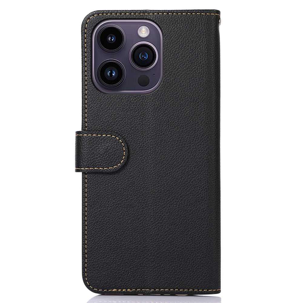 KHAZNEH PU Leather Case for iPhone 15 Pro Max , RFID Blocking Stand Wallet Litchi Texture Phone Cover - Black
