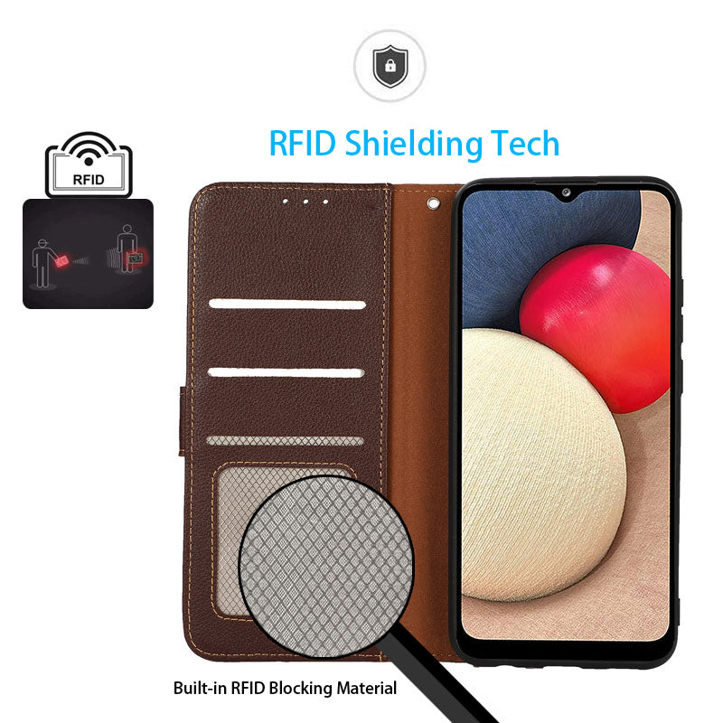 KHAZNEH PU Leather Case for iPhone 15 Pro Max , RFID Blocking Stand Wallet Litchi Texture Phone Cover - Brown