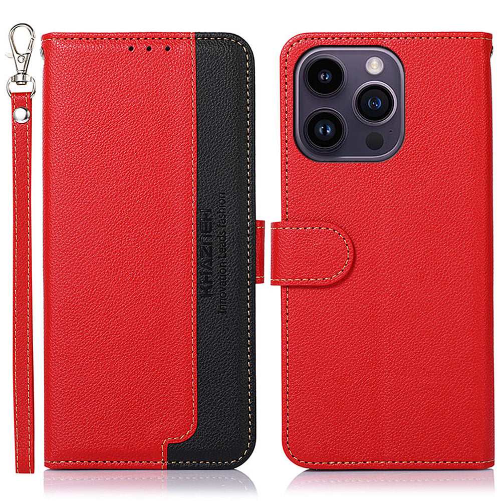 KHAZNEH PU Leather Case for iPhone 15 Pro Max , RFID Blocking Stand Wallet Litchi Texture Phone Cover - Red