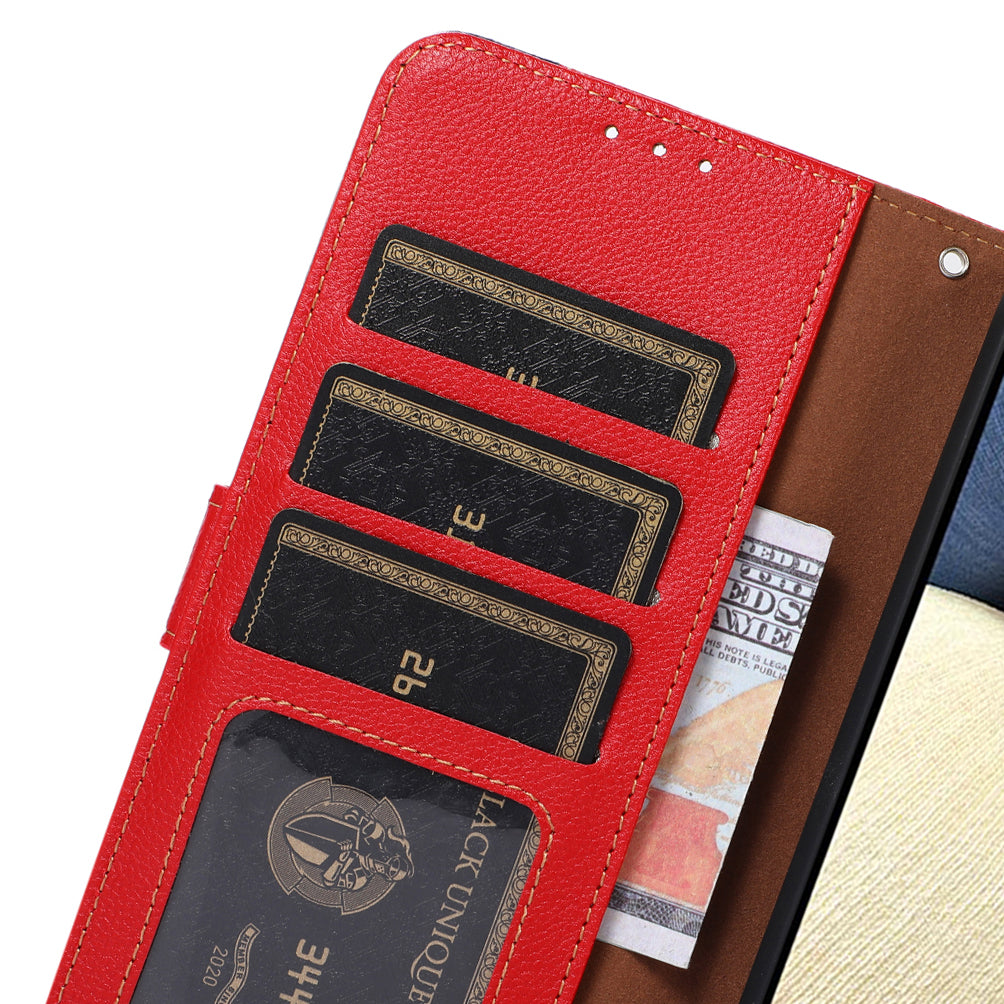 KHAZNEH PU Leather Case for iPhone 15 Pro Max , RFID Blocking Stand Wallet Litchi Texture Phone Cover - Red