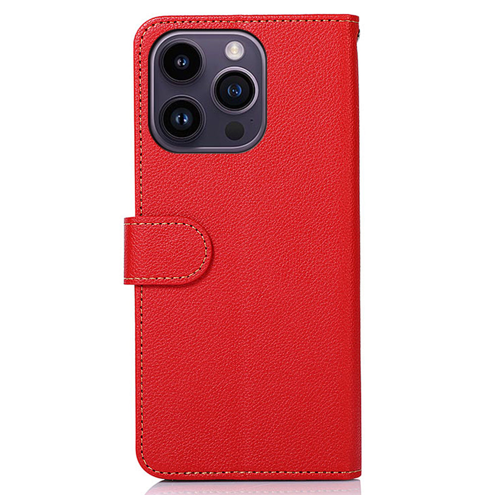 KHAZNEH PU Leather Case for iPhone 15 Pro Max , RFID Blocking Stand Wallet Litchi Texture Phone Cover - Red