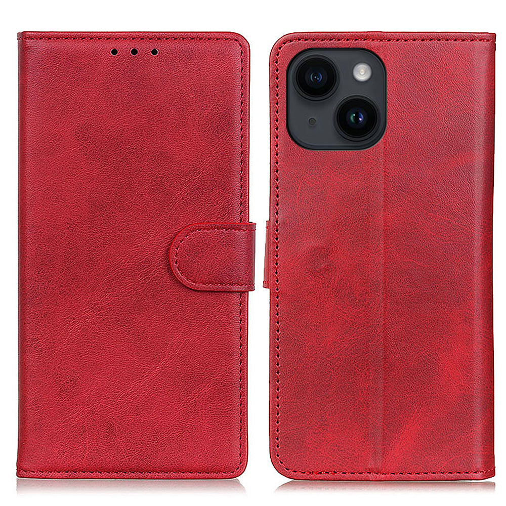 Mobile Phone Case for iPhone 14 , Cowhide Texture PU Leather+TPU Cover Foldable Stand Wallet - Red
