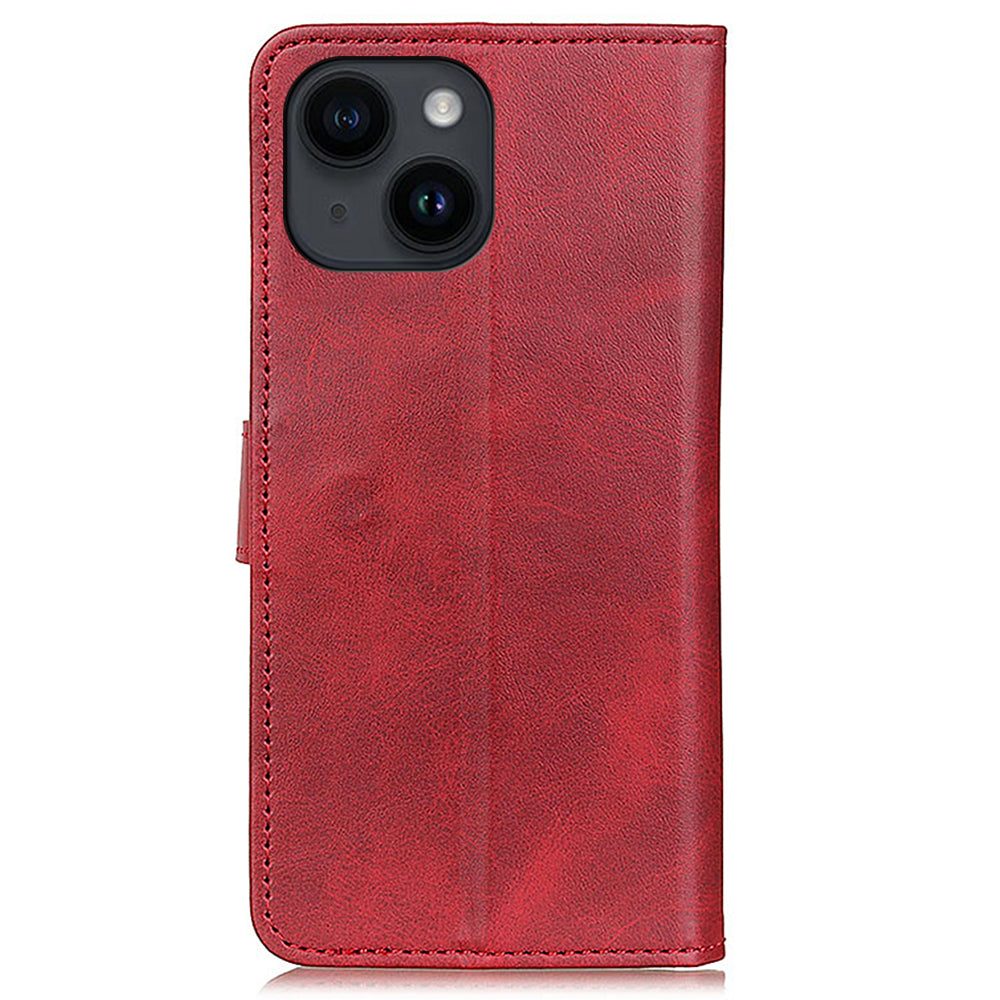 Mobile Phone Case for iPhone 14 , Cowhide Texture PU Leather+TPU Cover Foldable Stand Wallet - Red