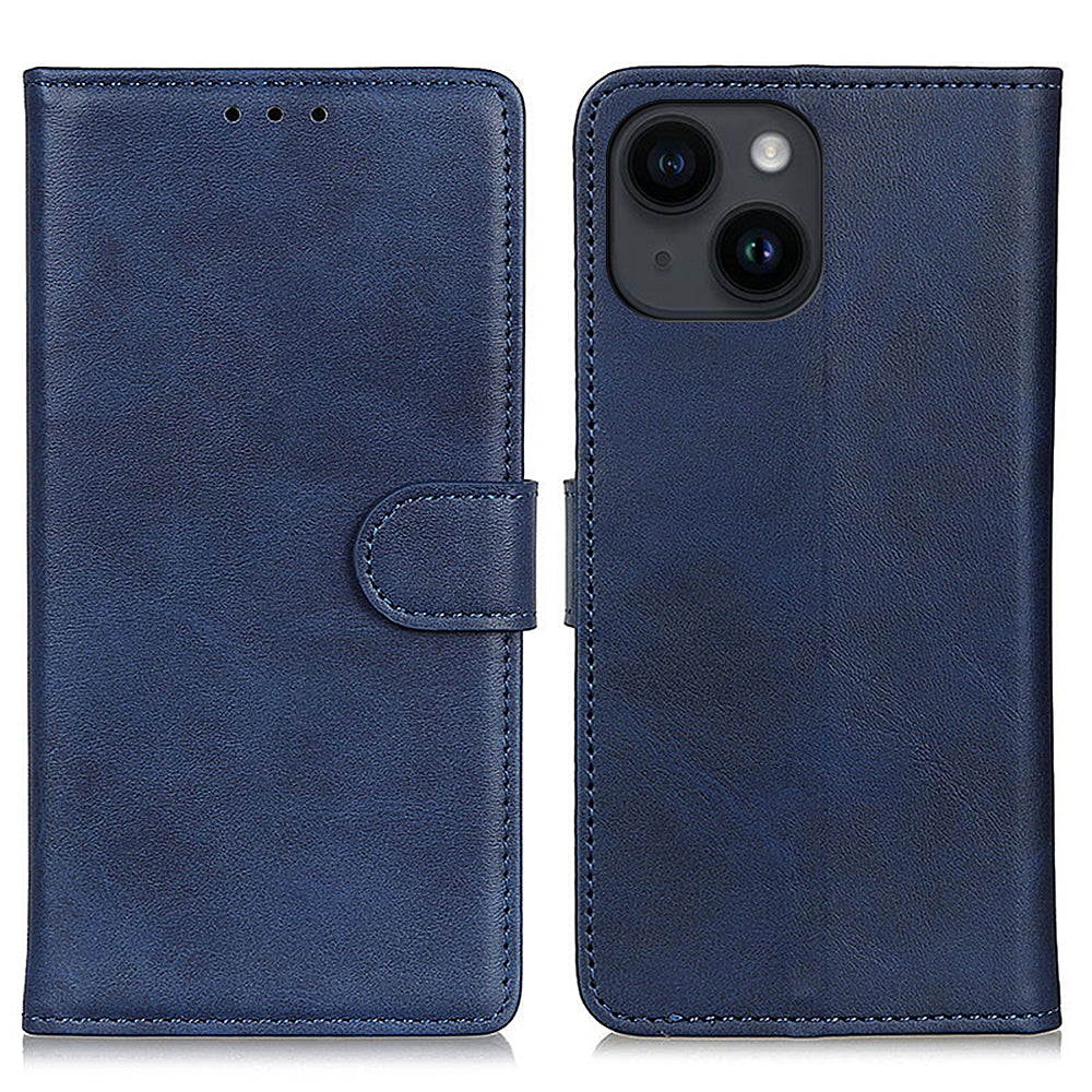 Uniqkart for iPhone 14 Plus Cowhide Texture Cell Phone Case PU Leather+TPU Foldable Stand Wallet Anti-Scratch Cover - Blue