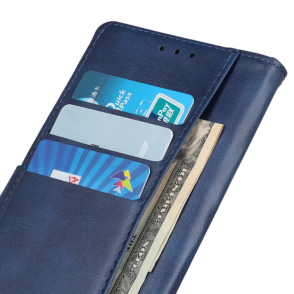Uniqkart for iPhone 14 Plus Cowhide Texture Cell Phone Case PU Leather+TPU Foldable Stand Wallet Anti-Scratch Cover - Blue