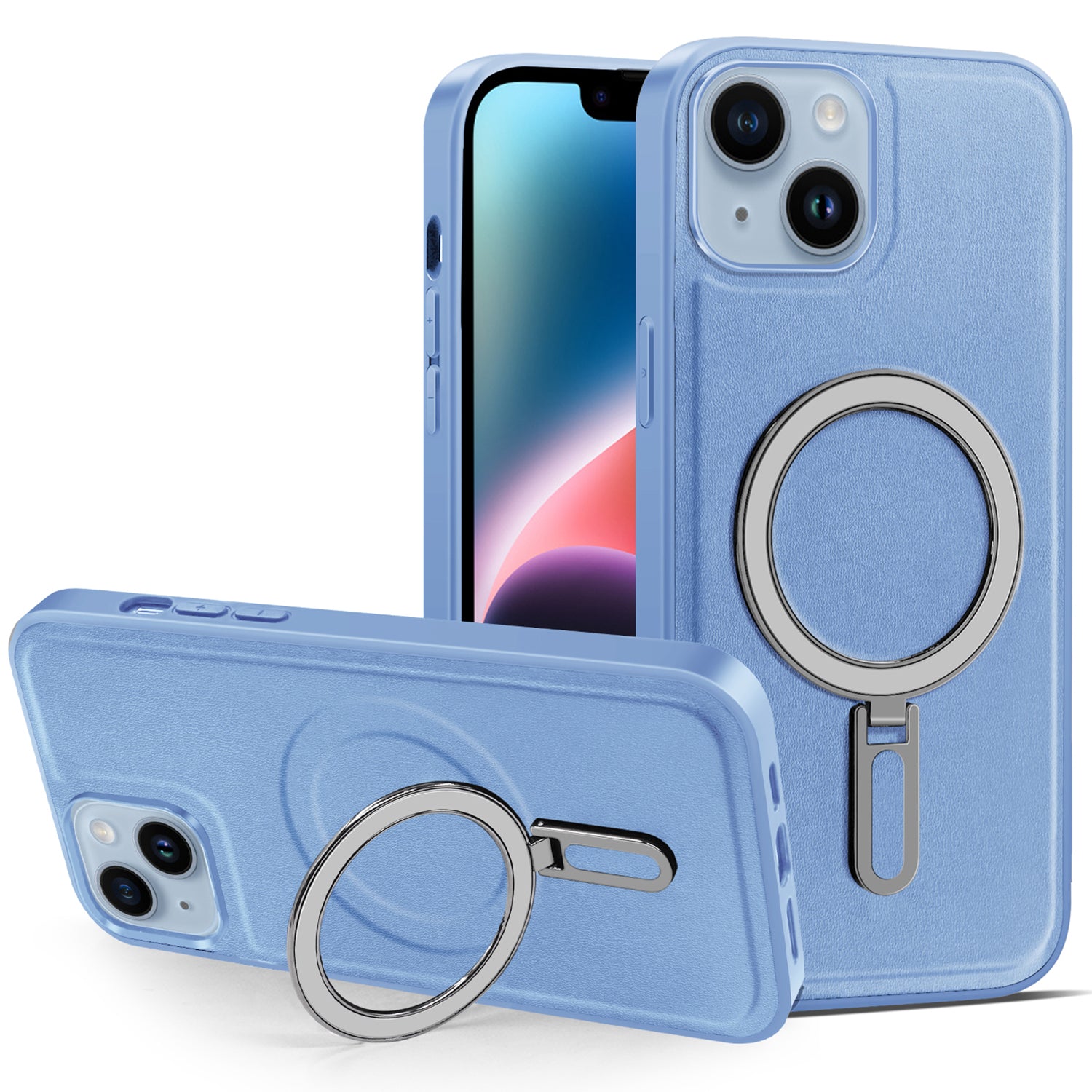 Uniqkart for iPhone 14 Kickstand Anti-Scratch Phone Case Cover PU Leather Coated PC+TPU Magnetic Cover - Baby Blue