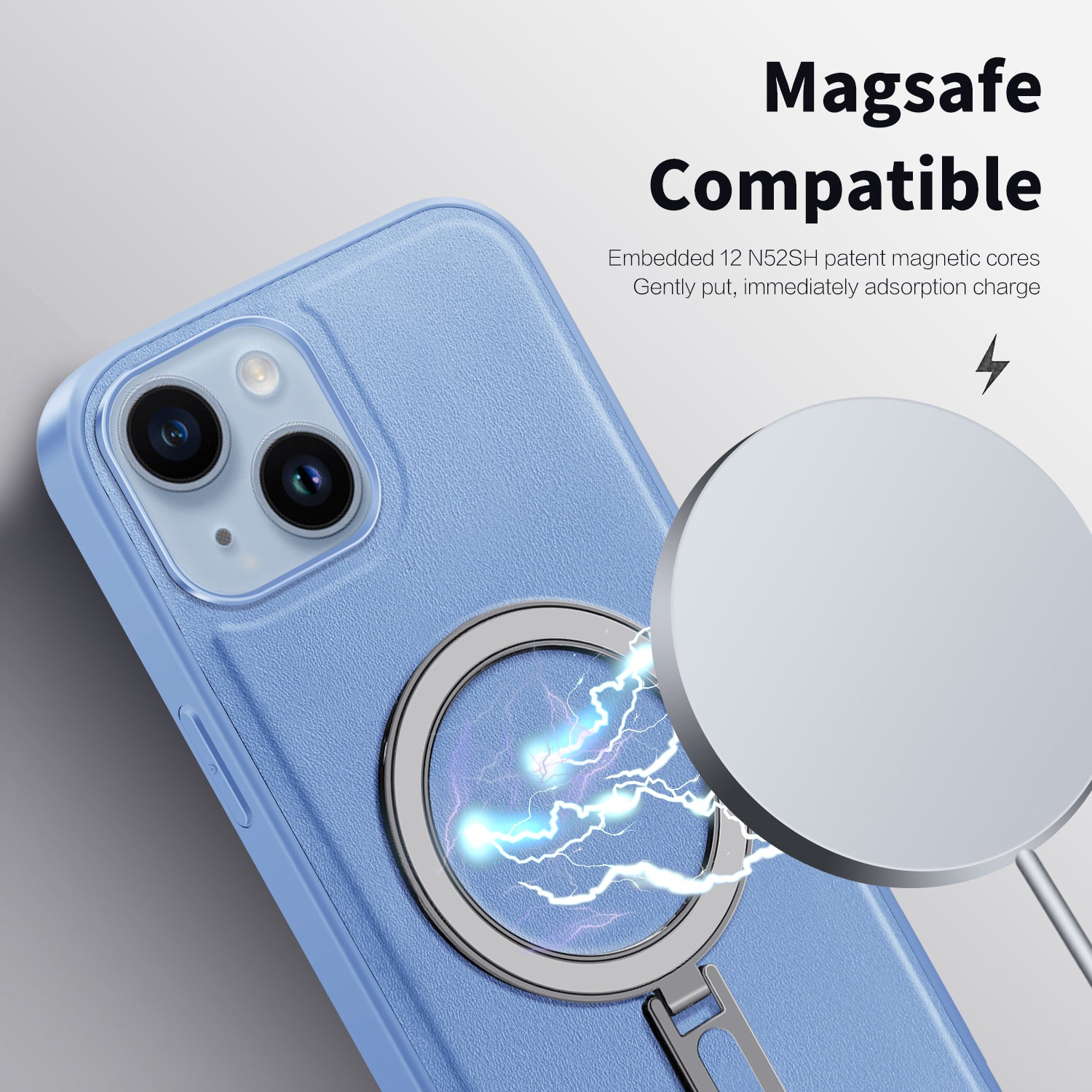 Uniqkart for iPhone 14 Kickstand Anti-Scratch Phone Case Cover PU Leather Coated PC+TPU Magnetic Cover - Baby Blue