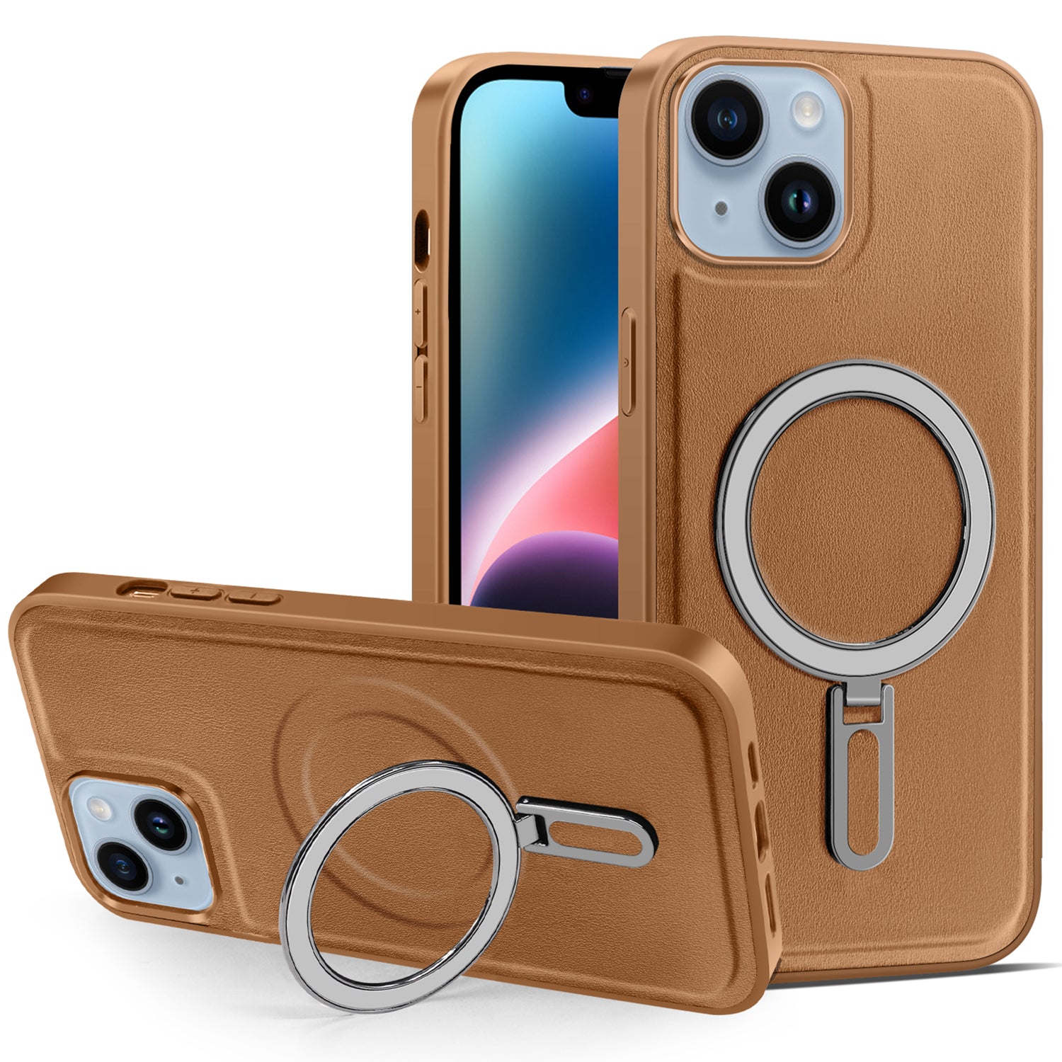 Uniqkart for iPhone 14 Kickstand Anti-Scratch Phone Case Cover PU Leather Coated PC+TPU Magnetic Cover - Brown