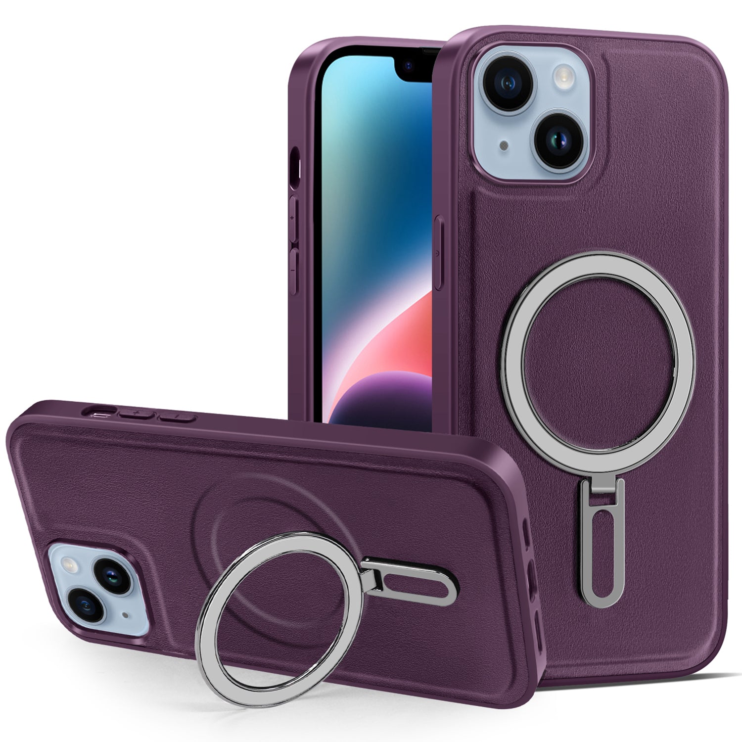 Uniqkart for iPhone 14 Kickstand Anti-Scratch Phone Case Cover PU Leather Coated PC+TPU Magnetic Cover - Purple