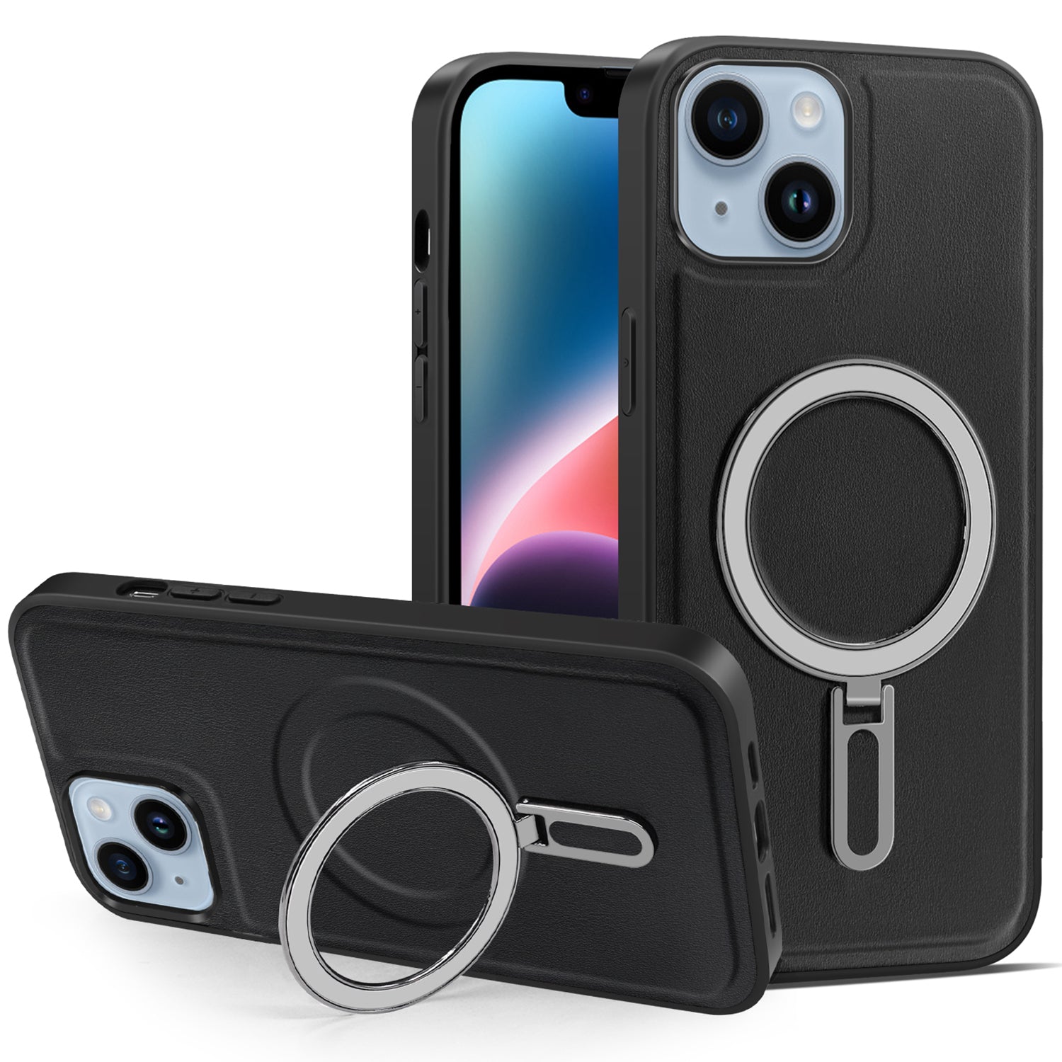 Uniqkart for iPhone 14 Kickstand Anti-Scratch Phone Case Cover PU Leather Coated PC+TPU Magnetic Cover - Black