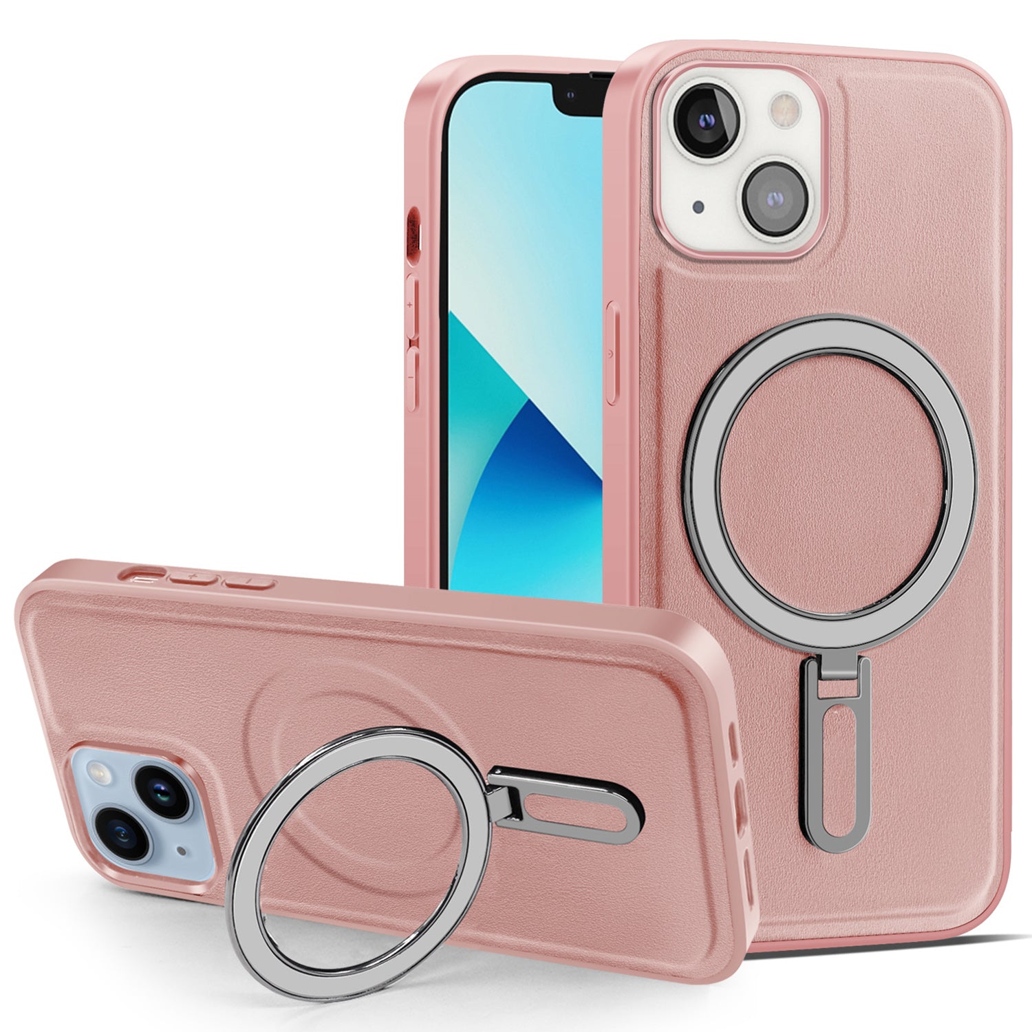 Uniqkart for iPhone 13 6.1 inch PU Leather Coated PC+TPU Phone Case Magnetic Cover with Kickstand - Pink