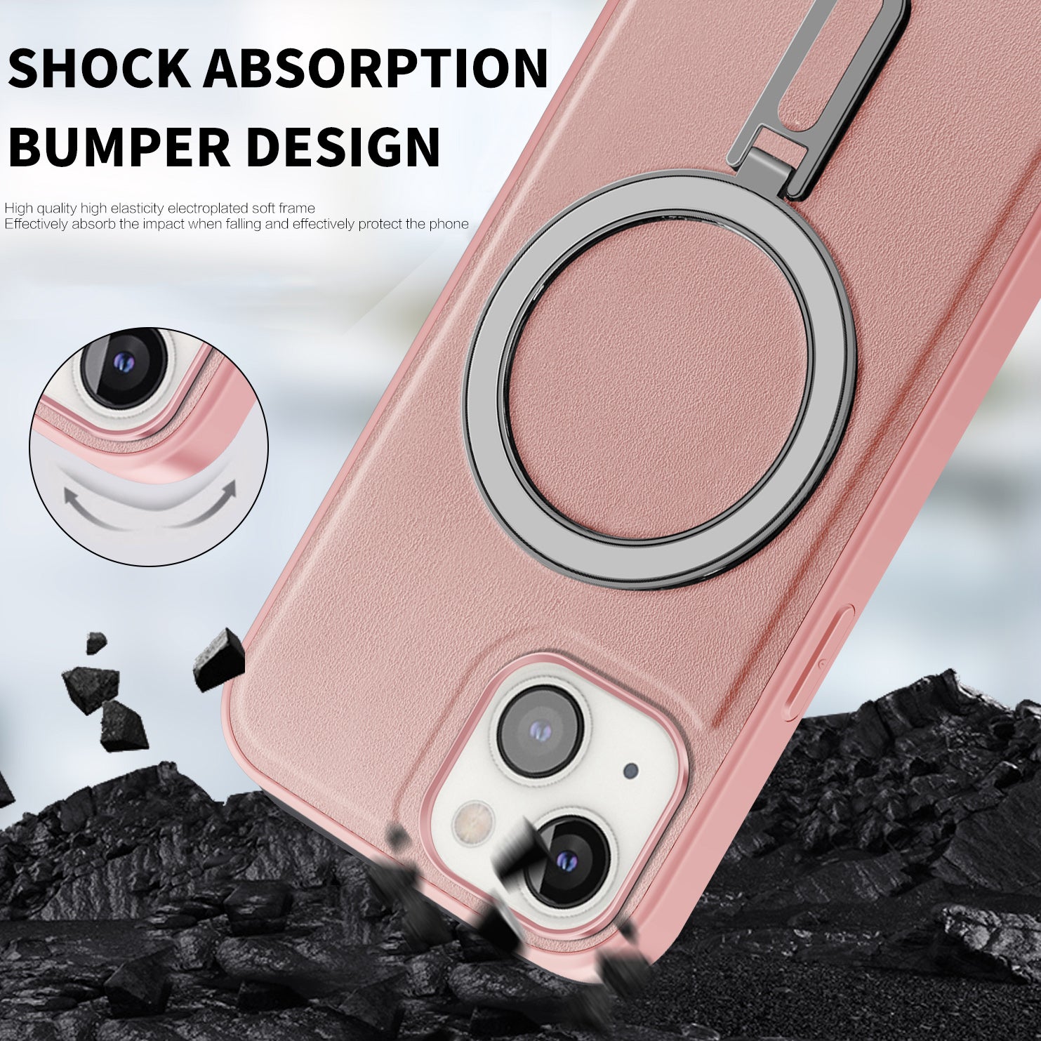 Uniqkart for iPhone 13 6.1 inch PU Leather Coated PC+TPU Phone Case Magnetic Cover with Kickstand - Pink