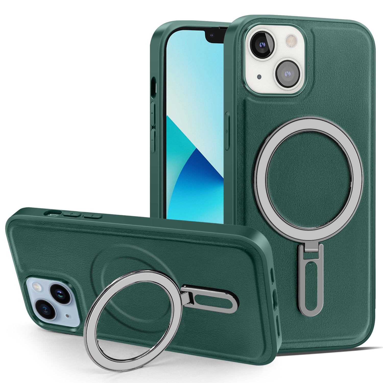 Uniqkart for iPhone 13 6.1 inch PU Leather Coated PC+TPU Phone Case Magnetic Cover with Kickstand - Green