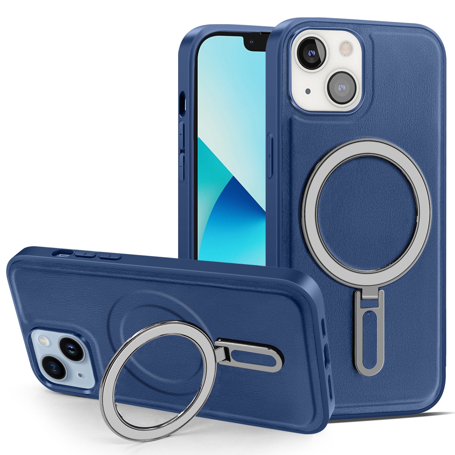Uniqkart for iPhone 13 6.1 inch PU Leather Coated PC+TPU Phone Case Magnetic Cover with Kickstand - Blue