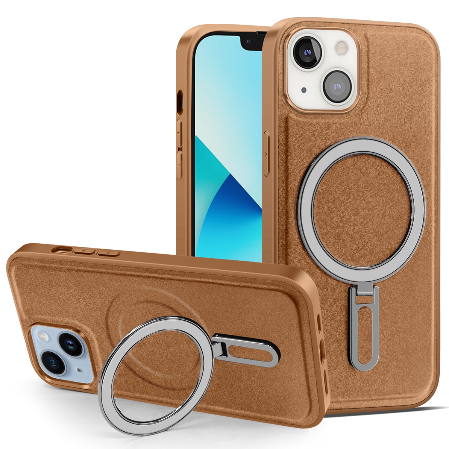Uniqkart for iPhone 13 6.1 inch PU Leather Coated PC+TPU Phone Case Magnetic Cover with Kickstand - Brown