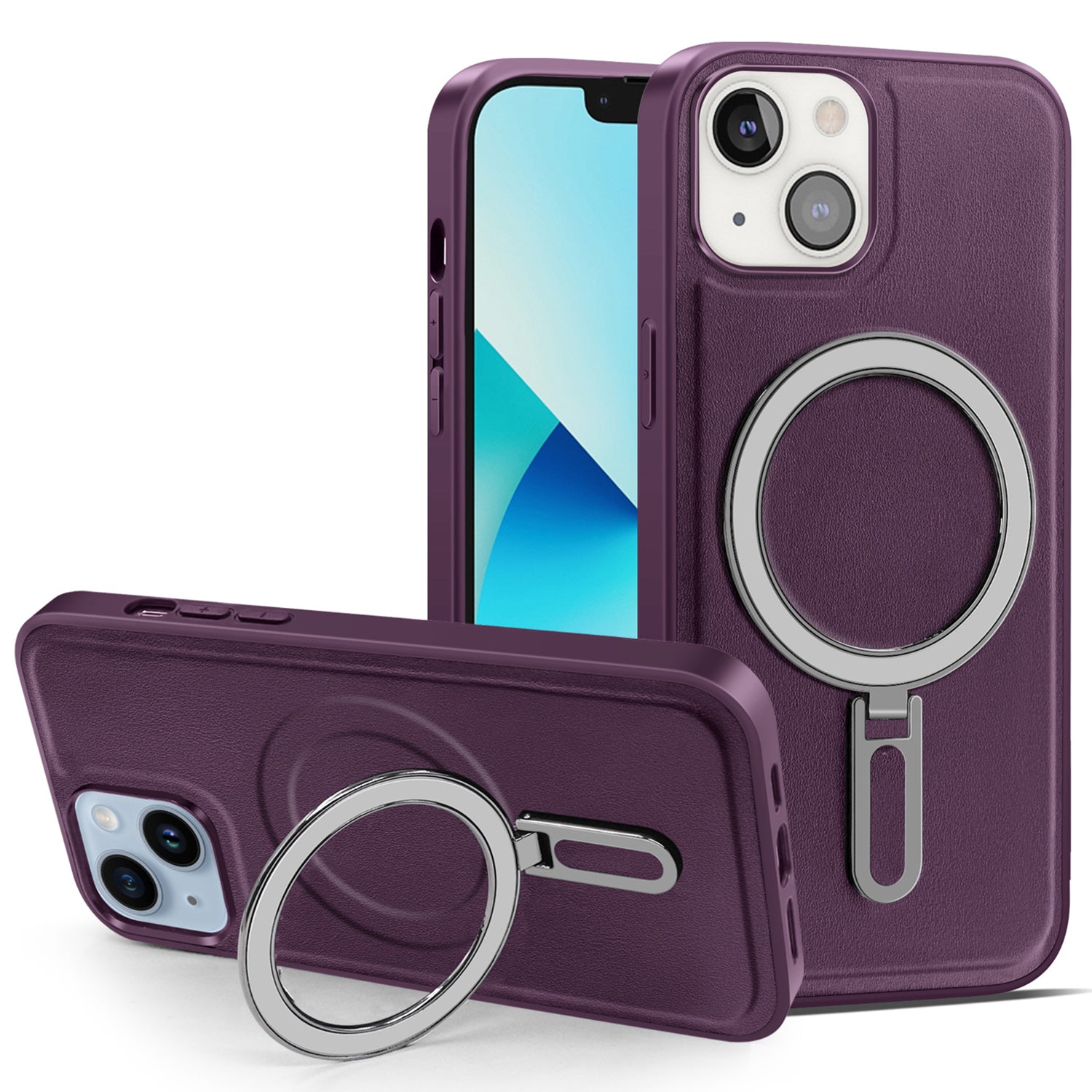 Uniqkart for iPhone 13 6.1 inch PU Leather Coated PC+TPU Phone Case Magnetic Cover with Kickstand - Purple