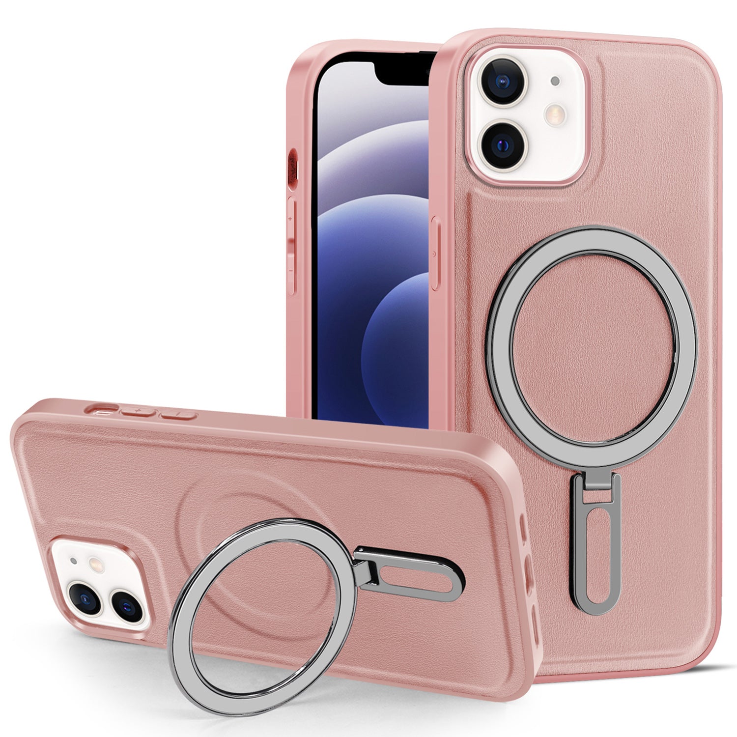 Uniqkart for iPhone 12 / 12 Pro 6.1 inch Phone Case Kickstand Design PU Leather Coated PC+TPU Magnetic Cover - Pink