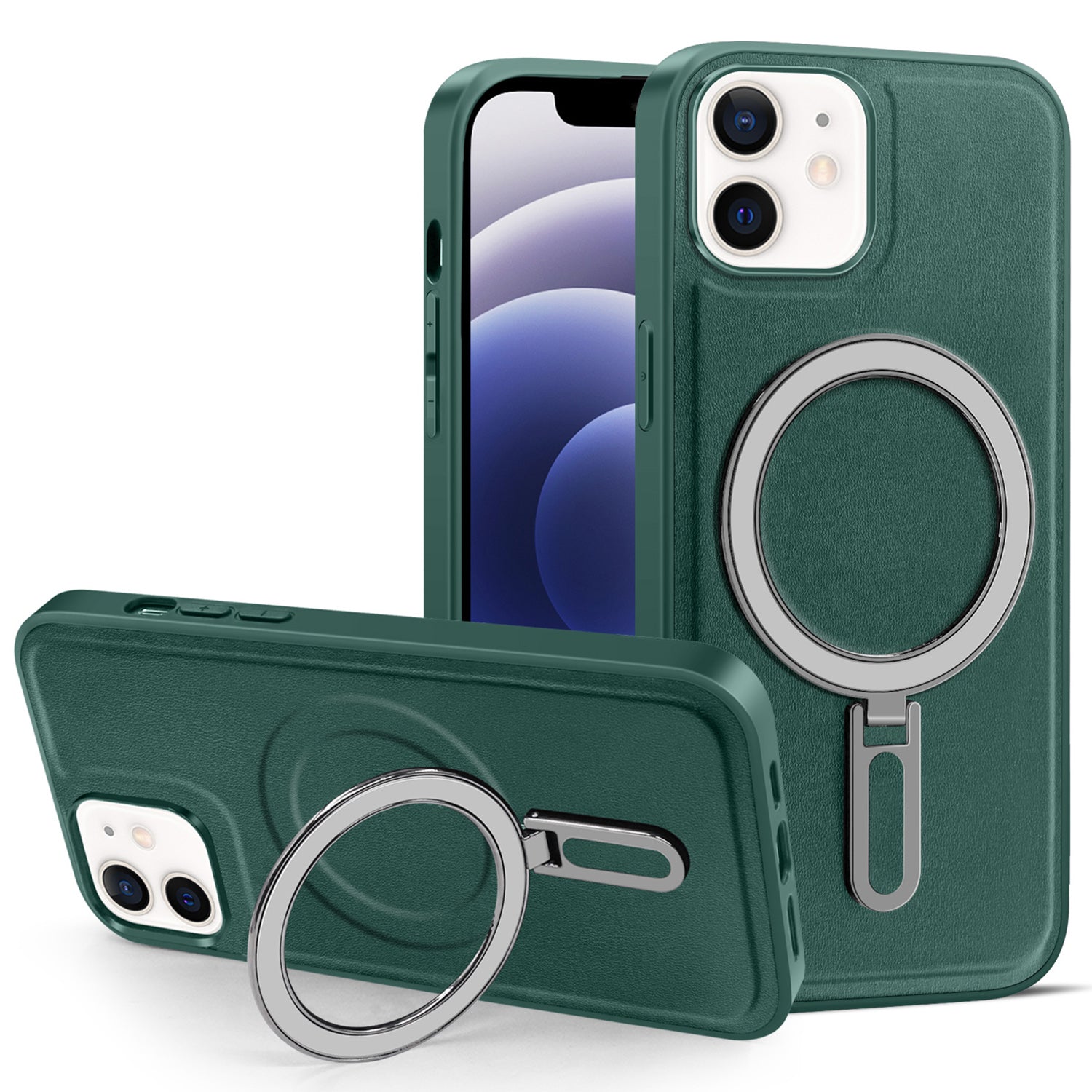 Uniqkart for iPhone 12 / 12 Pro 6.1 inch Phone Case Kickstand Design PU Leather Coated PC+TPU Magnetic Cover - Green