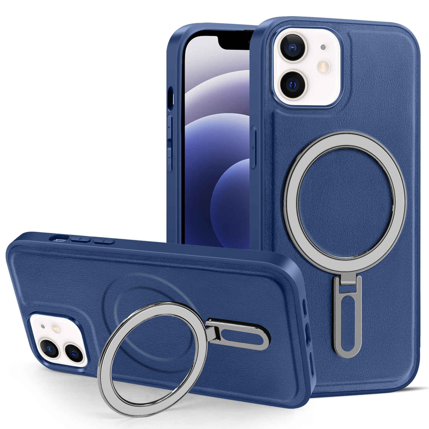 Uniqkart for iPhone 12 / 12 Pro 6.1 inch Phone Case Kickstand Design PU Leather Coated PC+TPU Magnetic Cover - Blue