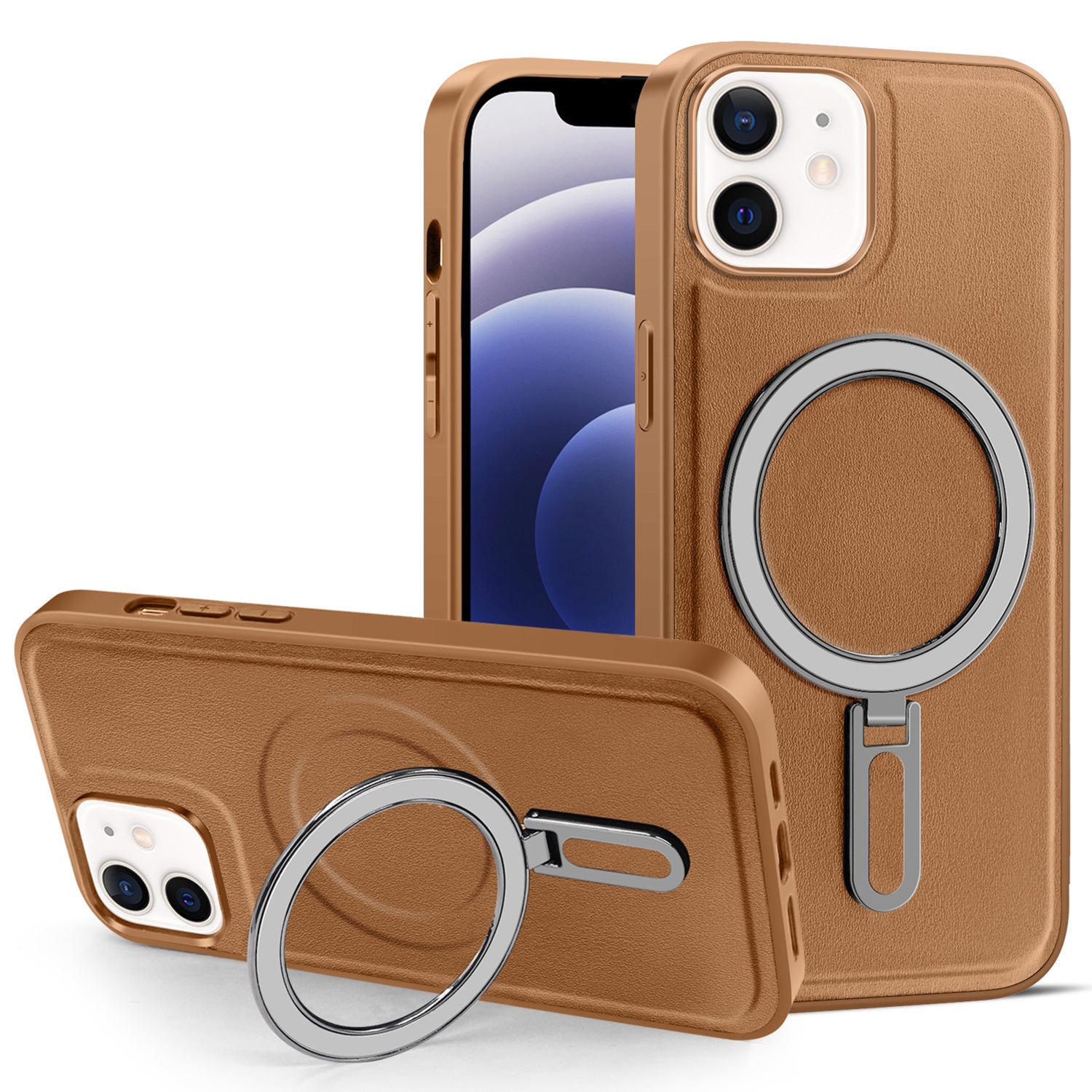 Uniqkart for iPhone 12 / 12 Pro 6.1 inch Phone Case Kickstand Design PU Leather Coated PC+TPU Magnetic Cover - Brown