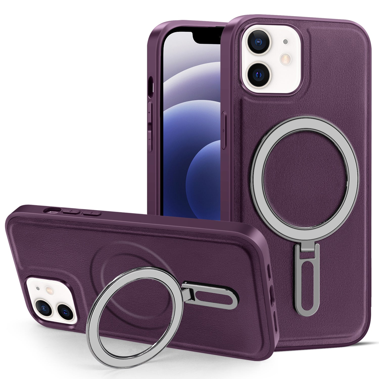 Uniqkart for iPhone 12 / 12 Pro 6.1 inch Phone Case Kickstand Design PU Leather Coated PC+TPU Magnetic Cover - Purple
