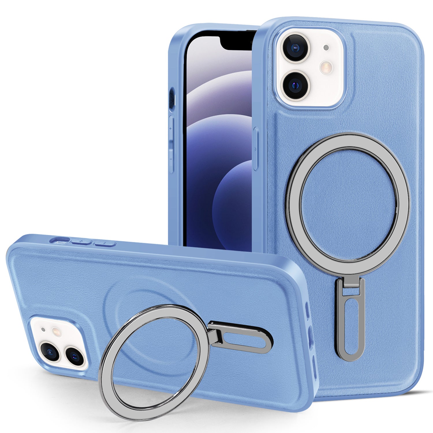 Uniqkart for iPhone 12 / 12 Pro 6.1 inch Phone Case Kickstand Design PU Leather Coated PC+TPU Magnetic Cover - Baby Blue
