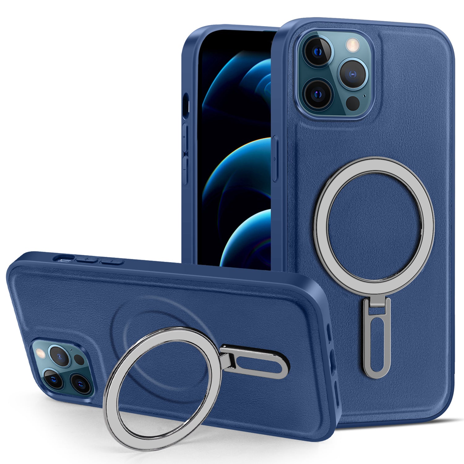 Phone Case for iPhone 12 Pro Max 6.7 inch Kickstand Design PU Leather Coated PC+TPU Magnetic Cover - Blue