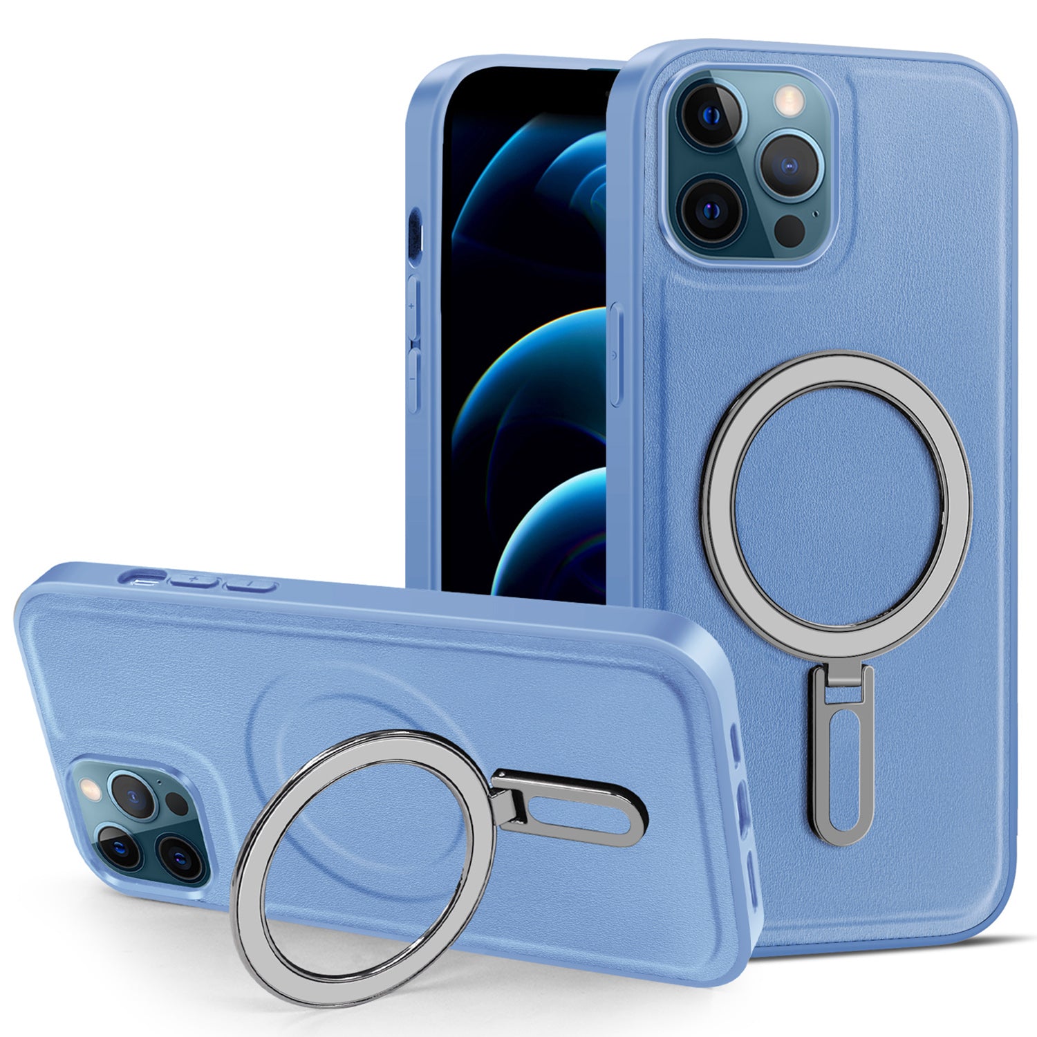 Phone Case for iPhone 12 Pro Max 6.7 inch Kickstand Design PU Leather Coated PC+TPU Magnetic Cover - Baby Blue