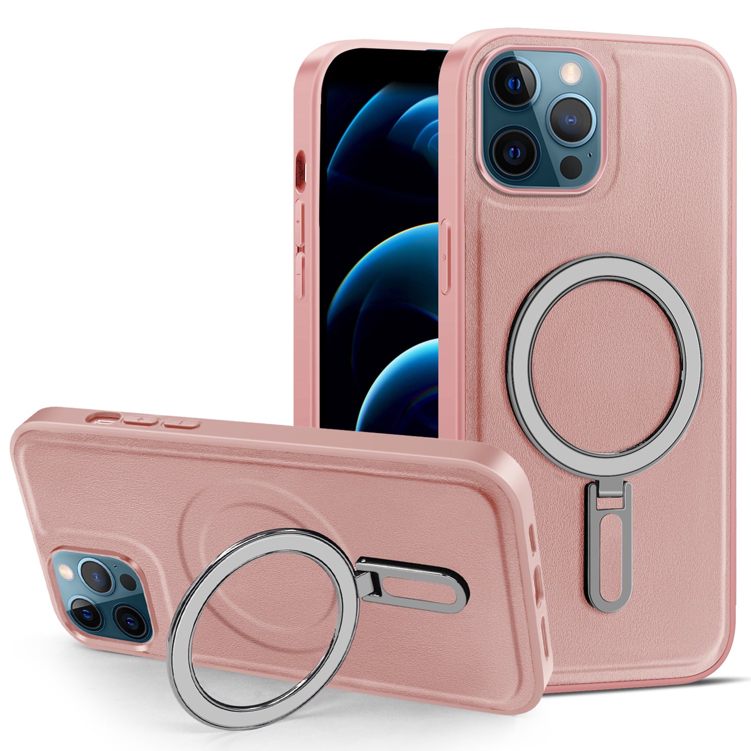 Phone Case for iPhone 12 Pro Max 6.7 inch Kickstand Design PU Leather Coated PC+TPU Magnetic Cover - Pink