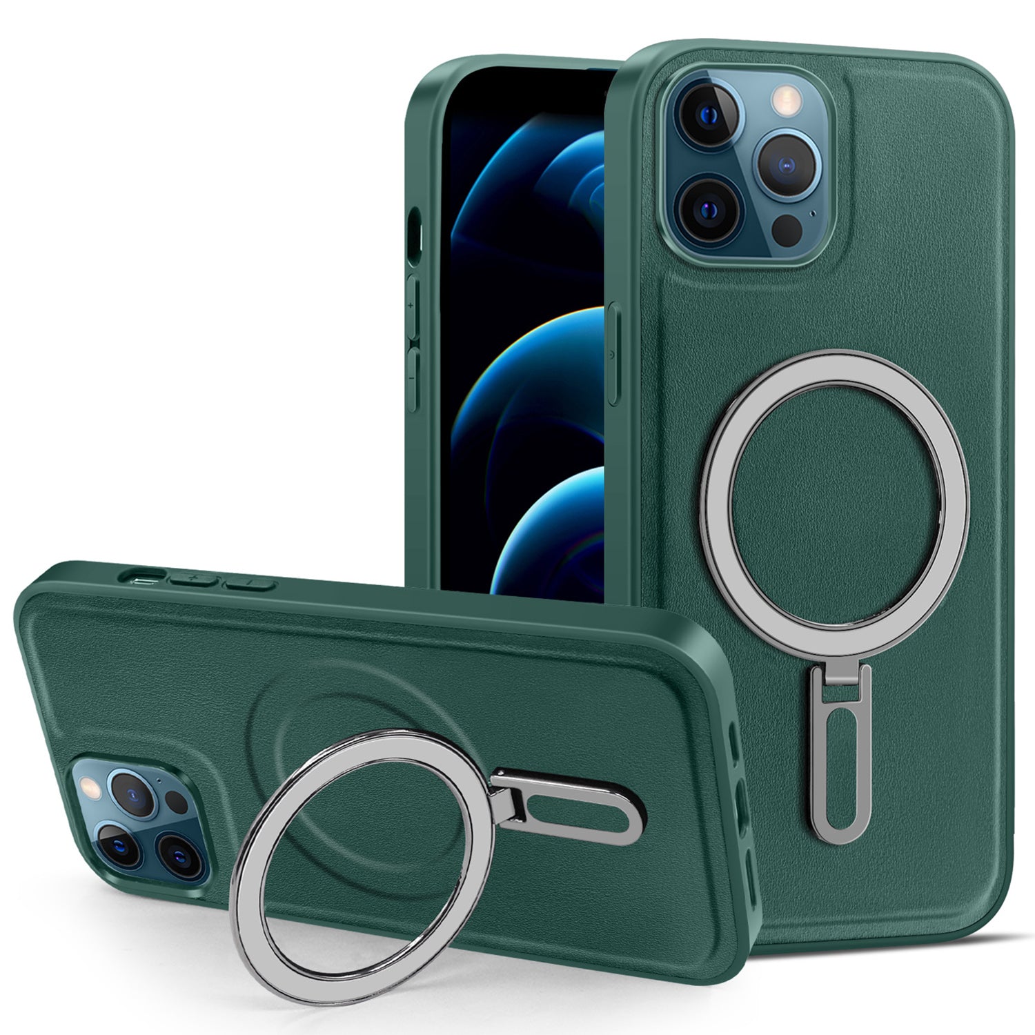 Phone Case for iPhone 12 Pro Max 6.7 inch Kickstand Design PU Leather Coated PC+TPU Magnetic Cover - Green
