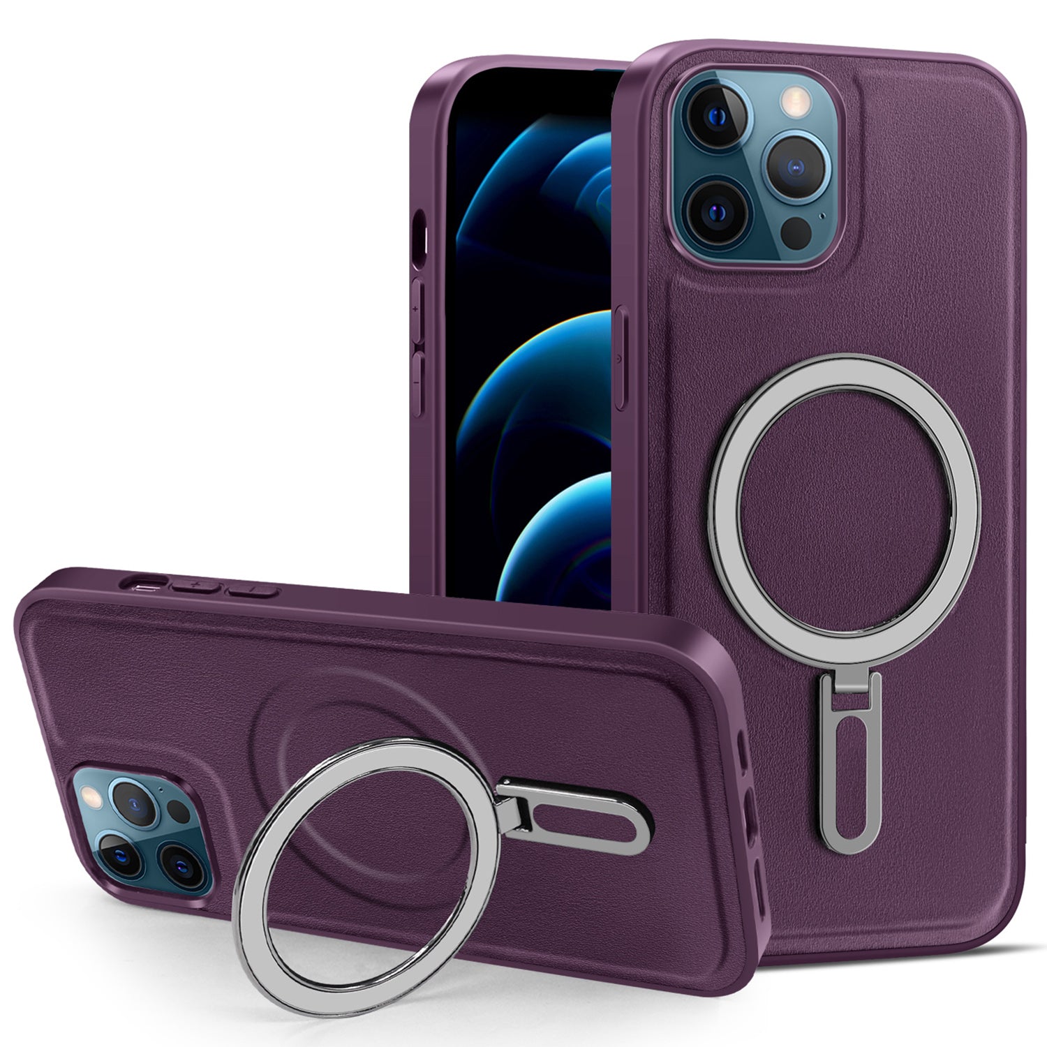Phone Case for iPhone 12 Pro Max 6.7 inch Kickstand Design PU Leather Coated PC+TPU Magnetic Cover - Purple