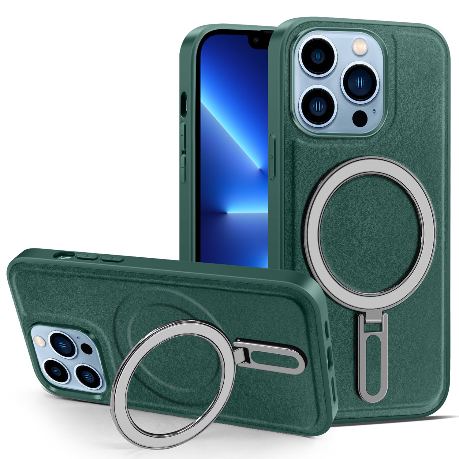 Uniqkart for iPhone 13 Pro 6.1 inch Anti-drop PU Leather Coated PC+TPU Phone Case Magnetic Cover with Kickstand - Green