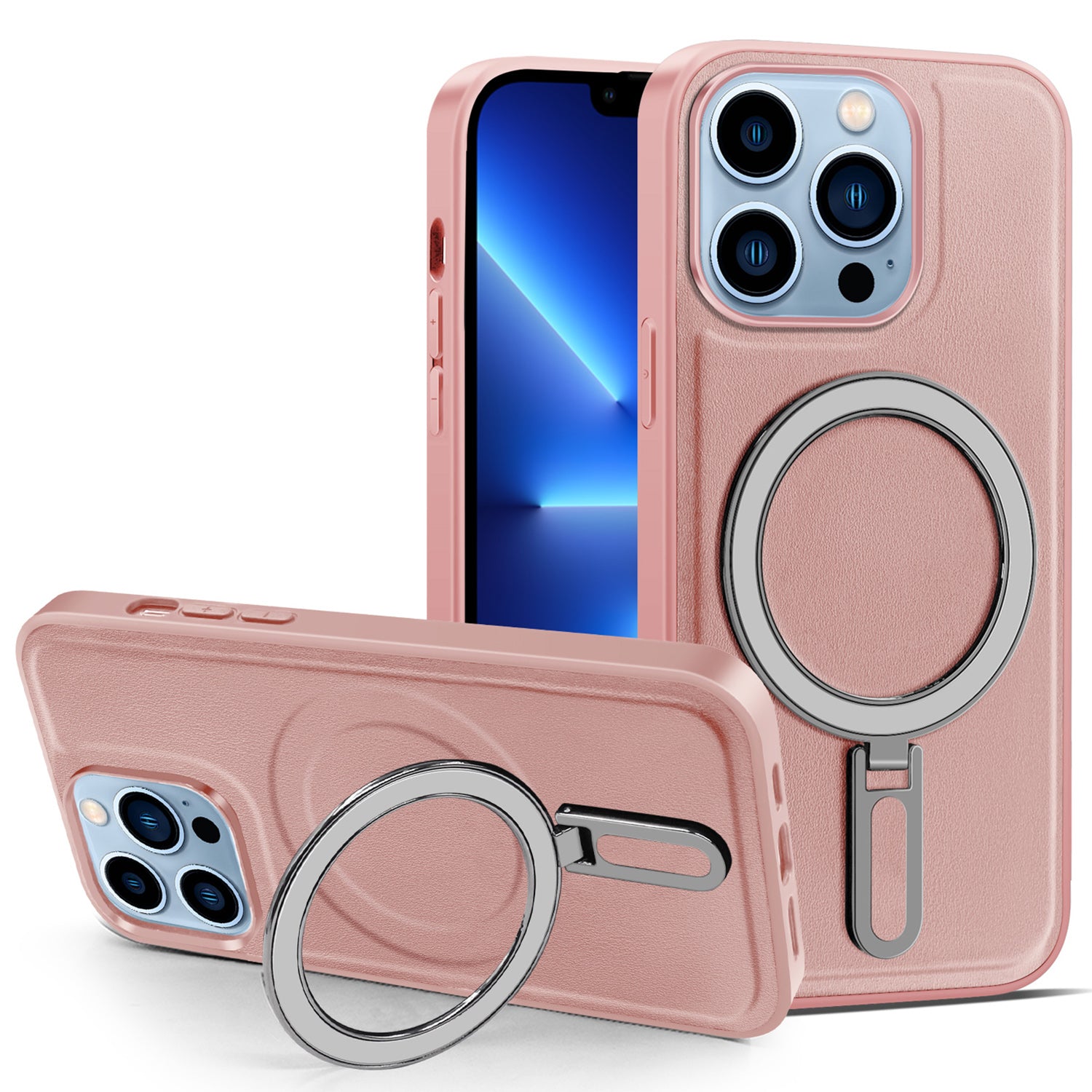 Uniqkart for iPhone 13 Pro 6.1 inch Anti-drop PU Leather Coated PC+TPU Phone Case Magnetic Cover with Kickstand - Pink