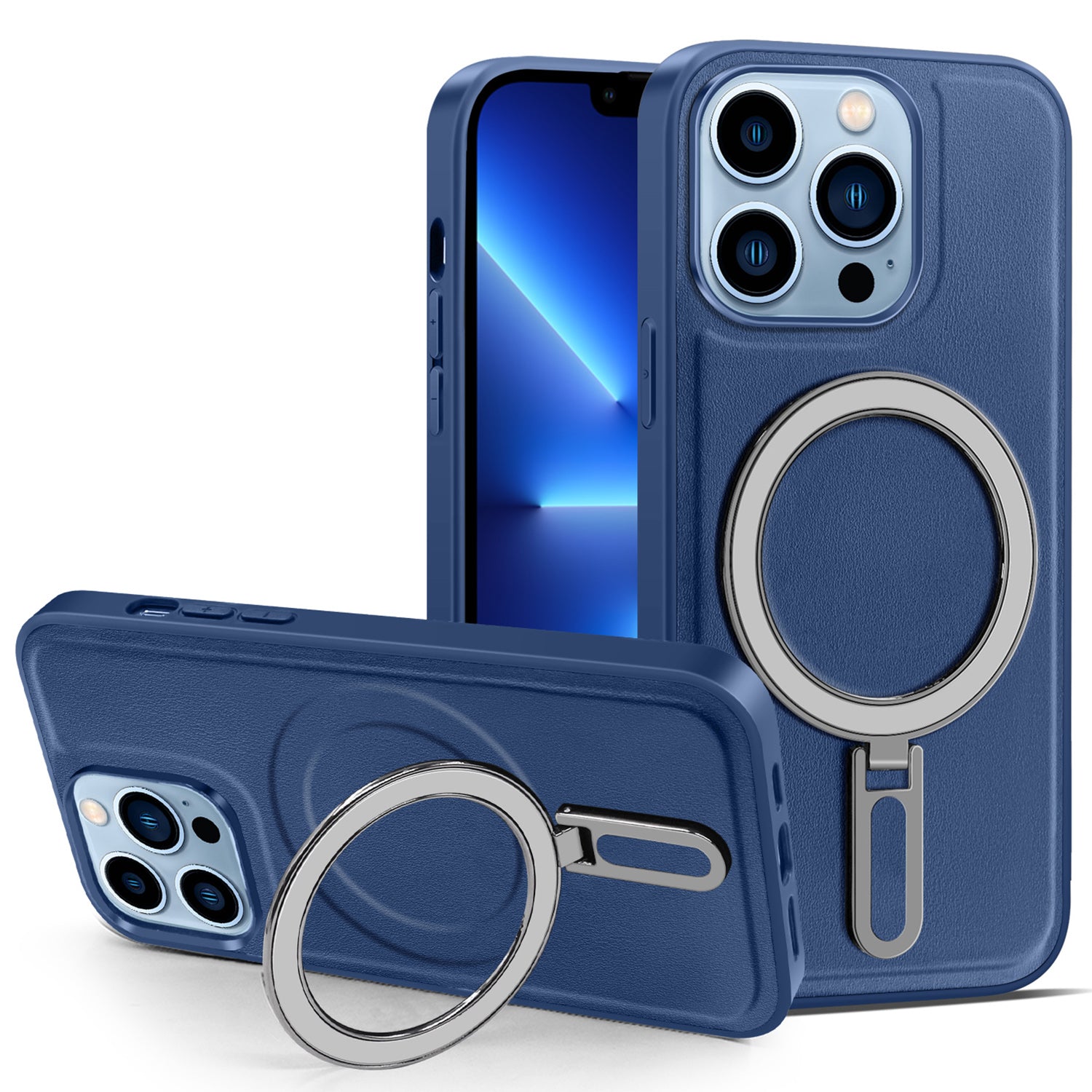 Uniqkart for iPhone 13 Pro 6.1 inch Anti-drop PU Leather Coated PC+TPU Phone Case Magnetic Cover with Kickstand - Blue