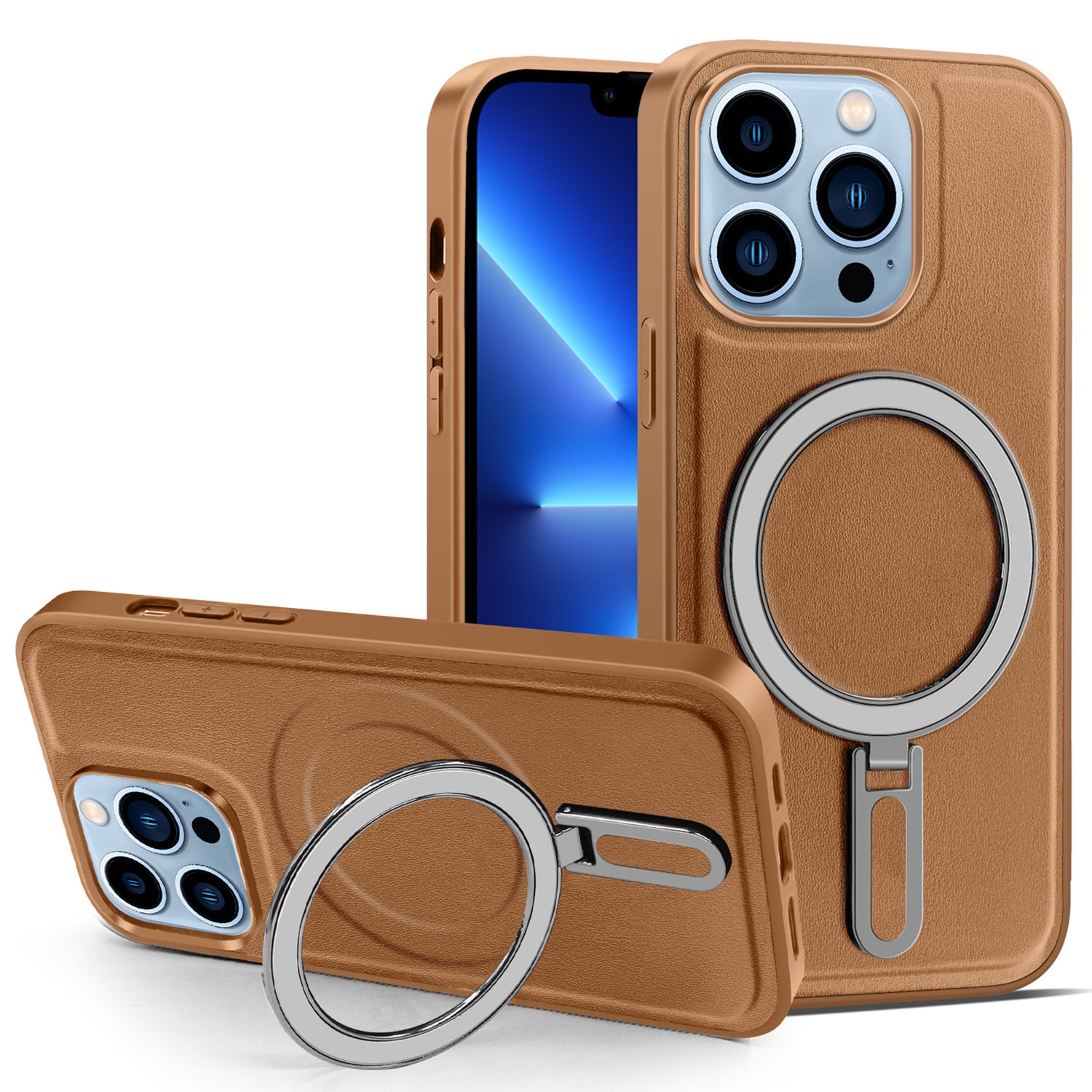Uniqkart for iPhone 13 Pro 6.1 inch Anti-drop PU Leather Coated PC+TPU Phone Case Magnetic Cover with Kickstand - Brown