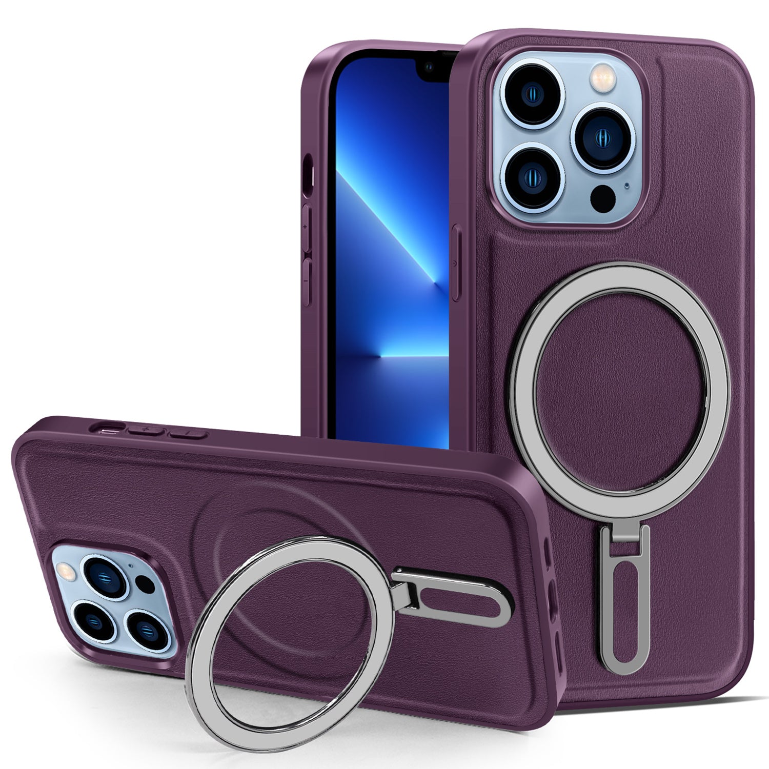 Uniqkart for iPhone 13 Pro 6.1 inch Anti-drop PU Leather Coated PC+TPU Phone Case Magnetic Cover with Kickstand - Purple